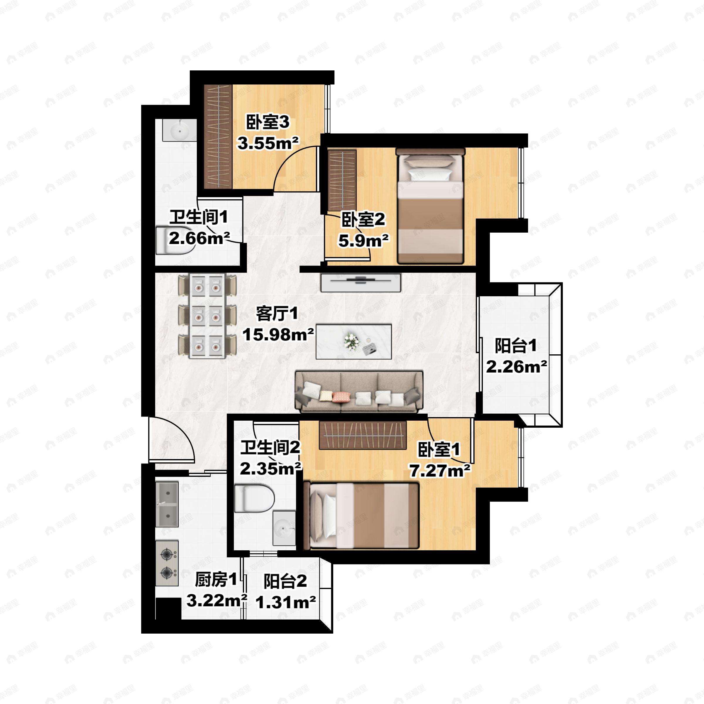 3室2厅2卫建面93平户型图