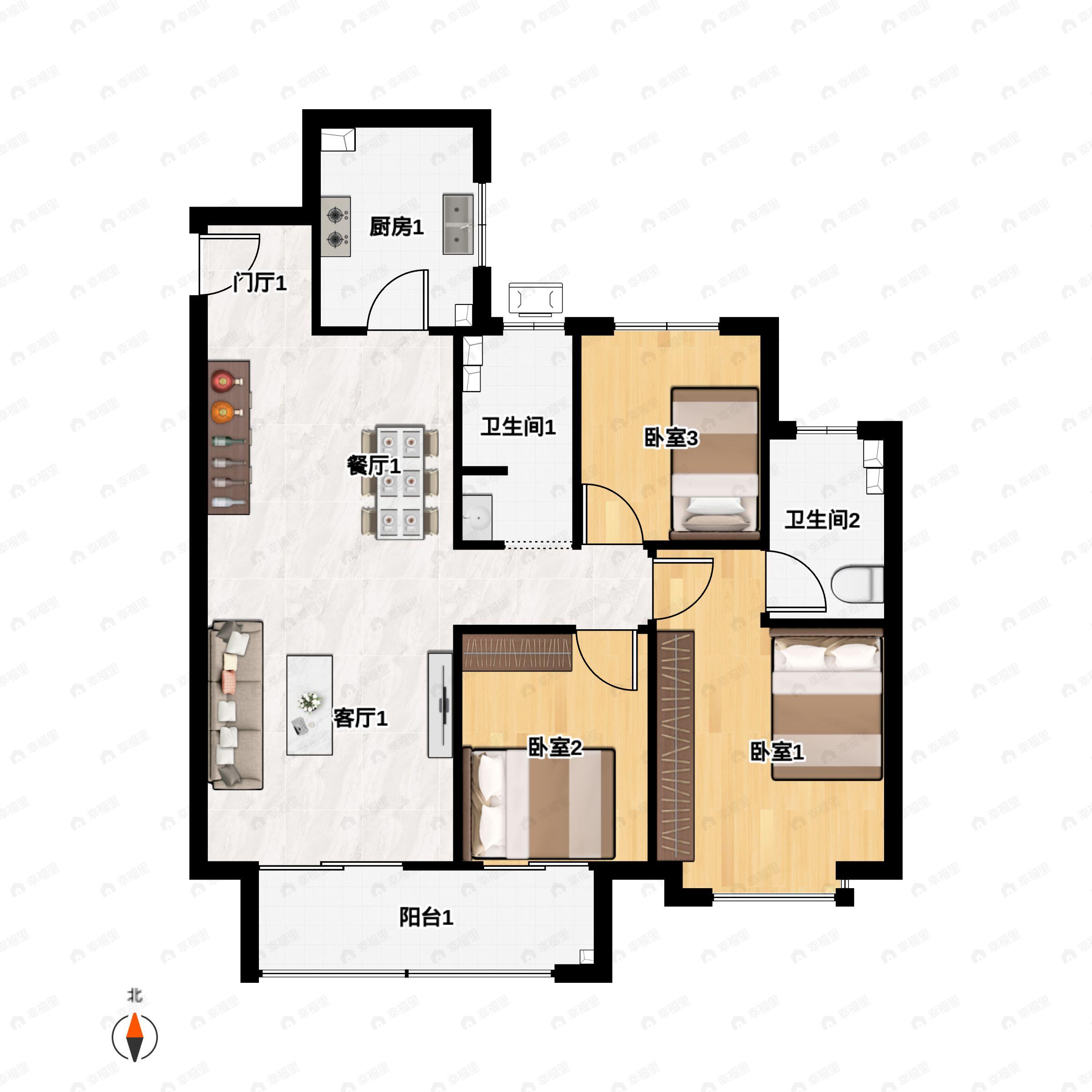 3室2厅2卫建面120平南|北户型图
