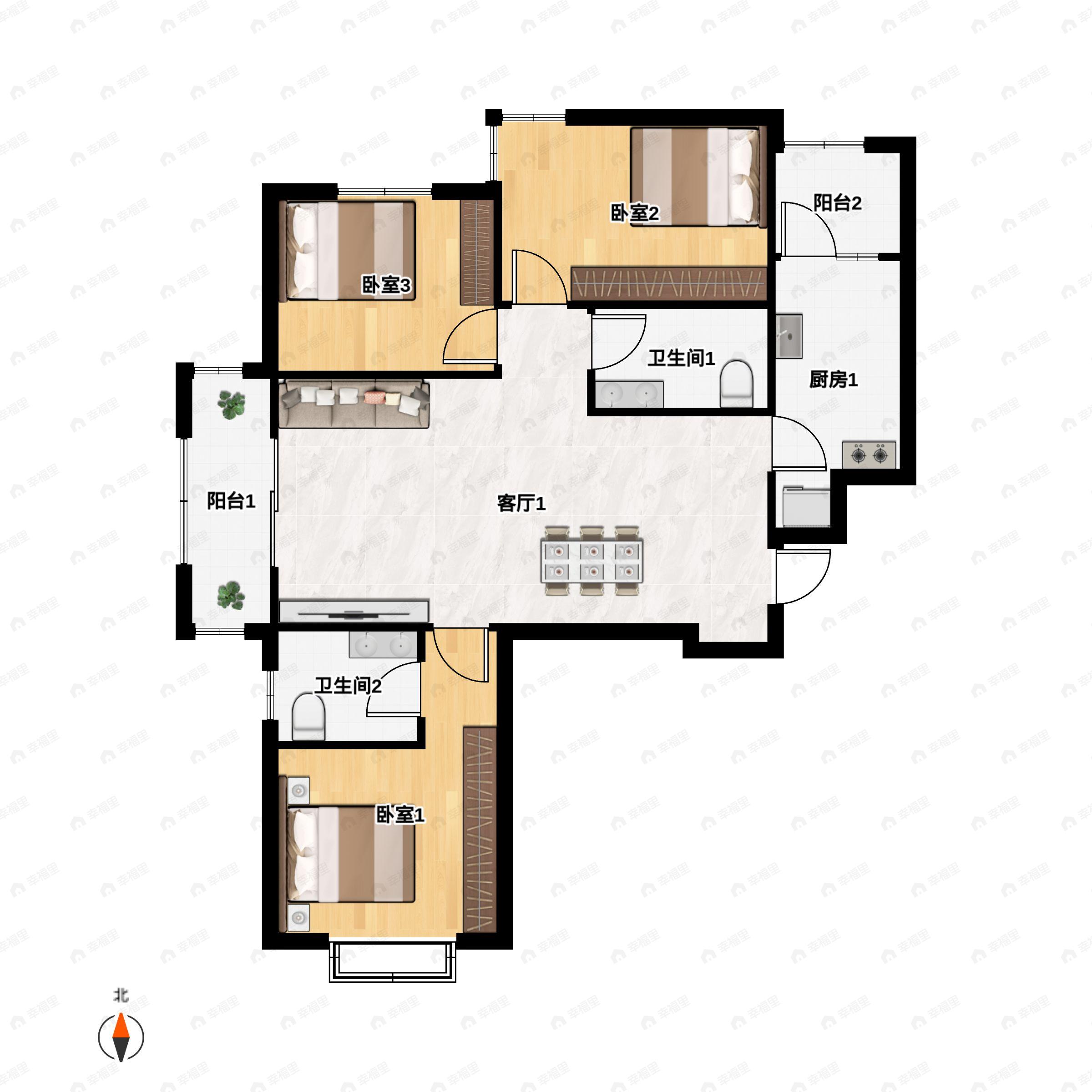 3室2厅2卫建面131平户型图