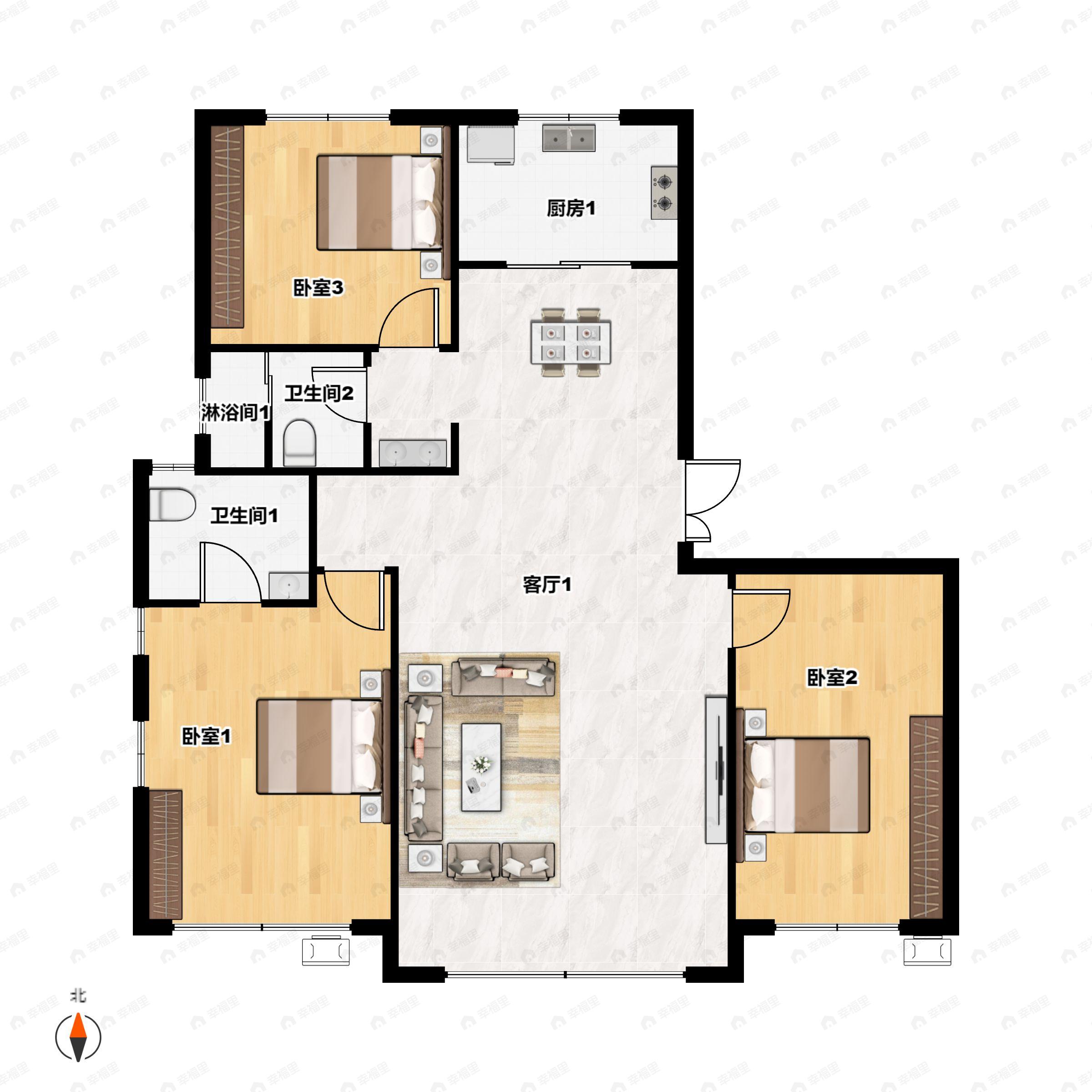 3室2厅2卫建面135m²南户型图