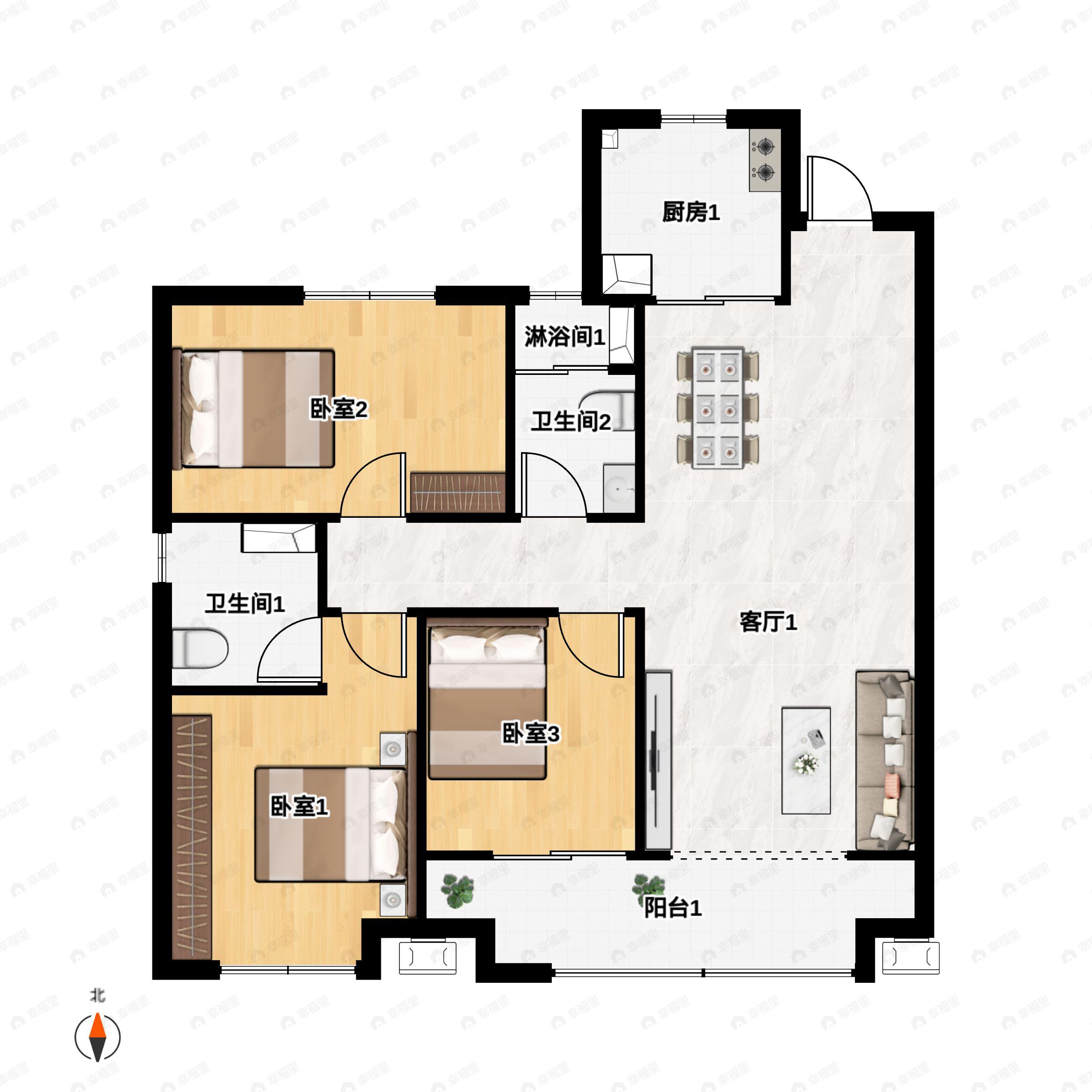 3室2厅2卫建面123平北|南户型图