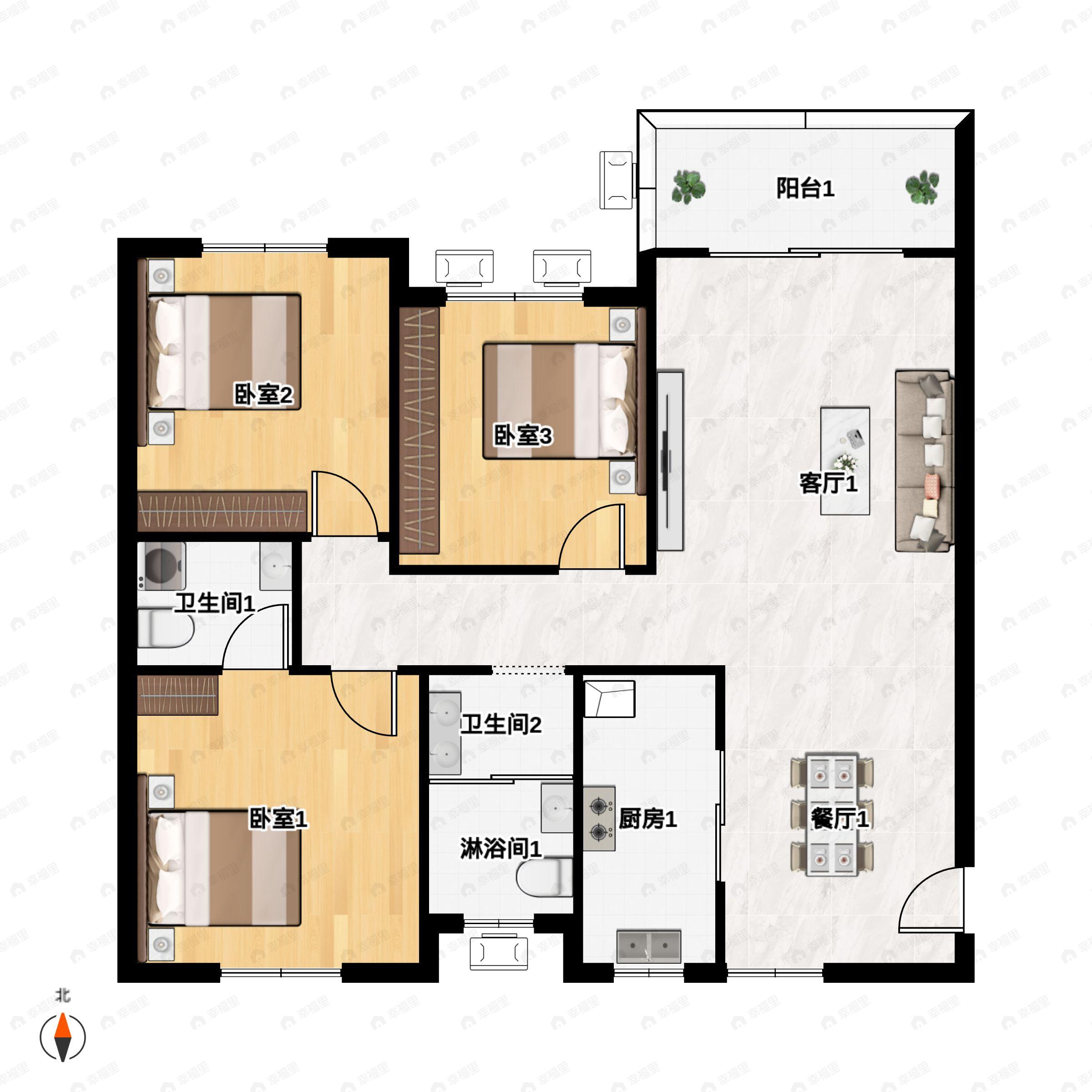 3室2厅1卫建面114m²南|北户型图