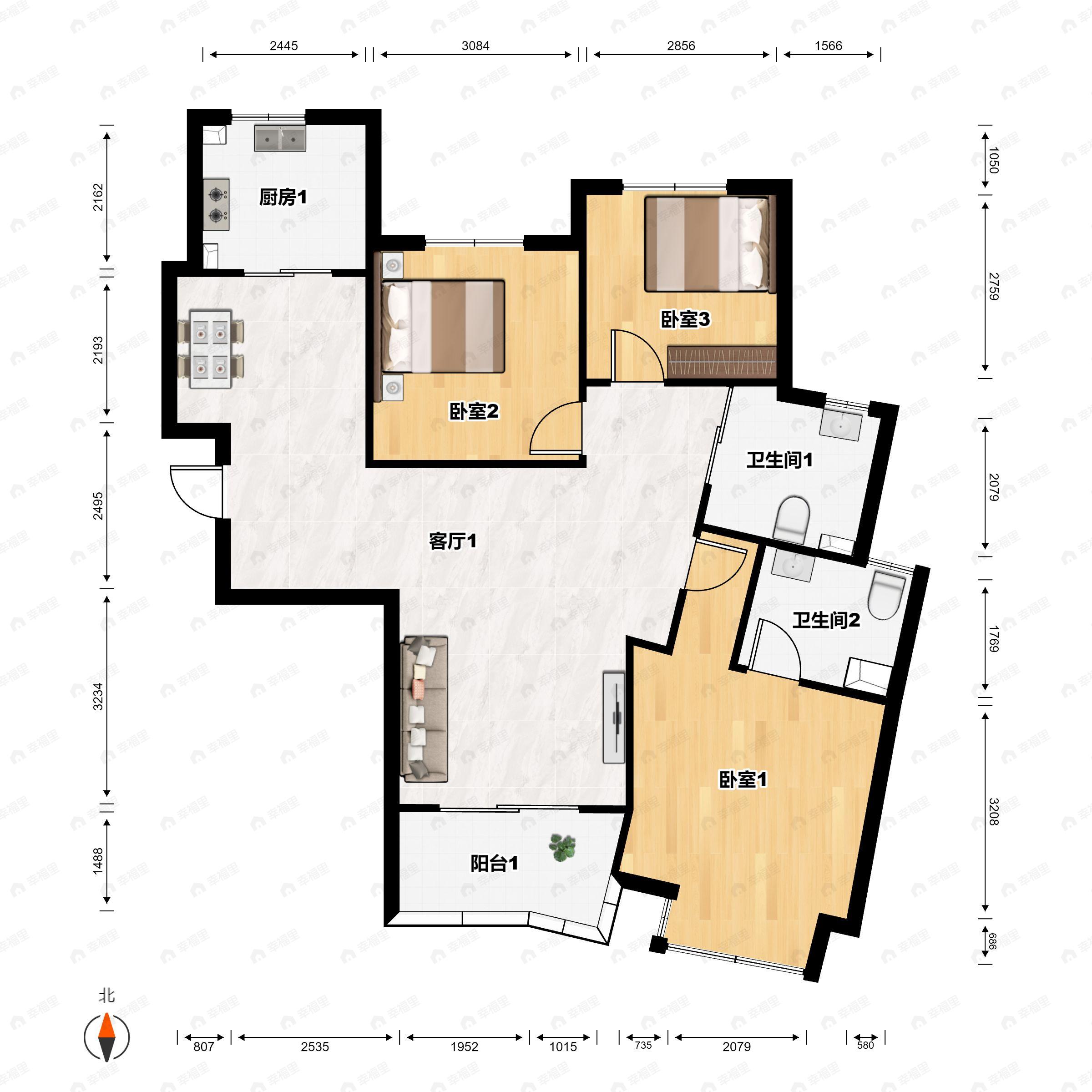3室2厅2卫建面110平南户型图