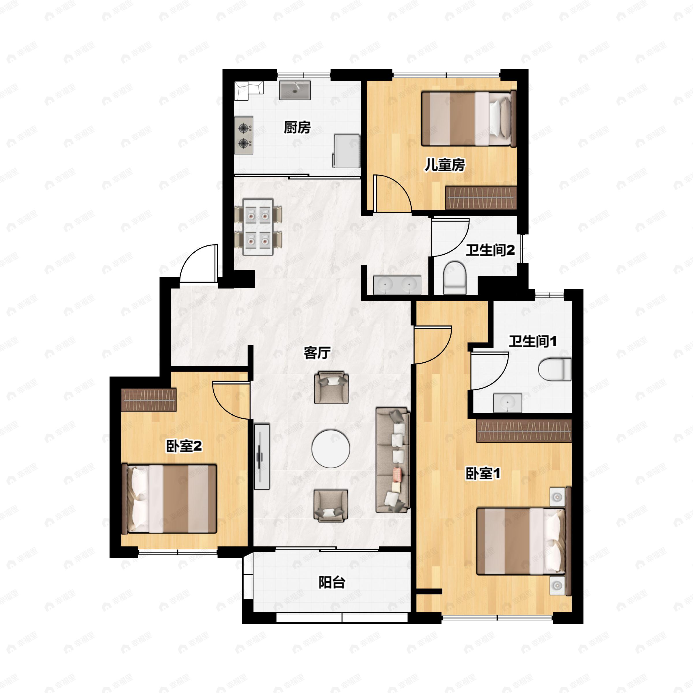 3室2厅2卫建面106m²南户型图