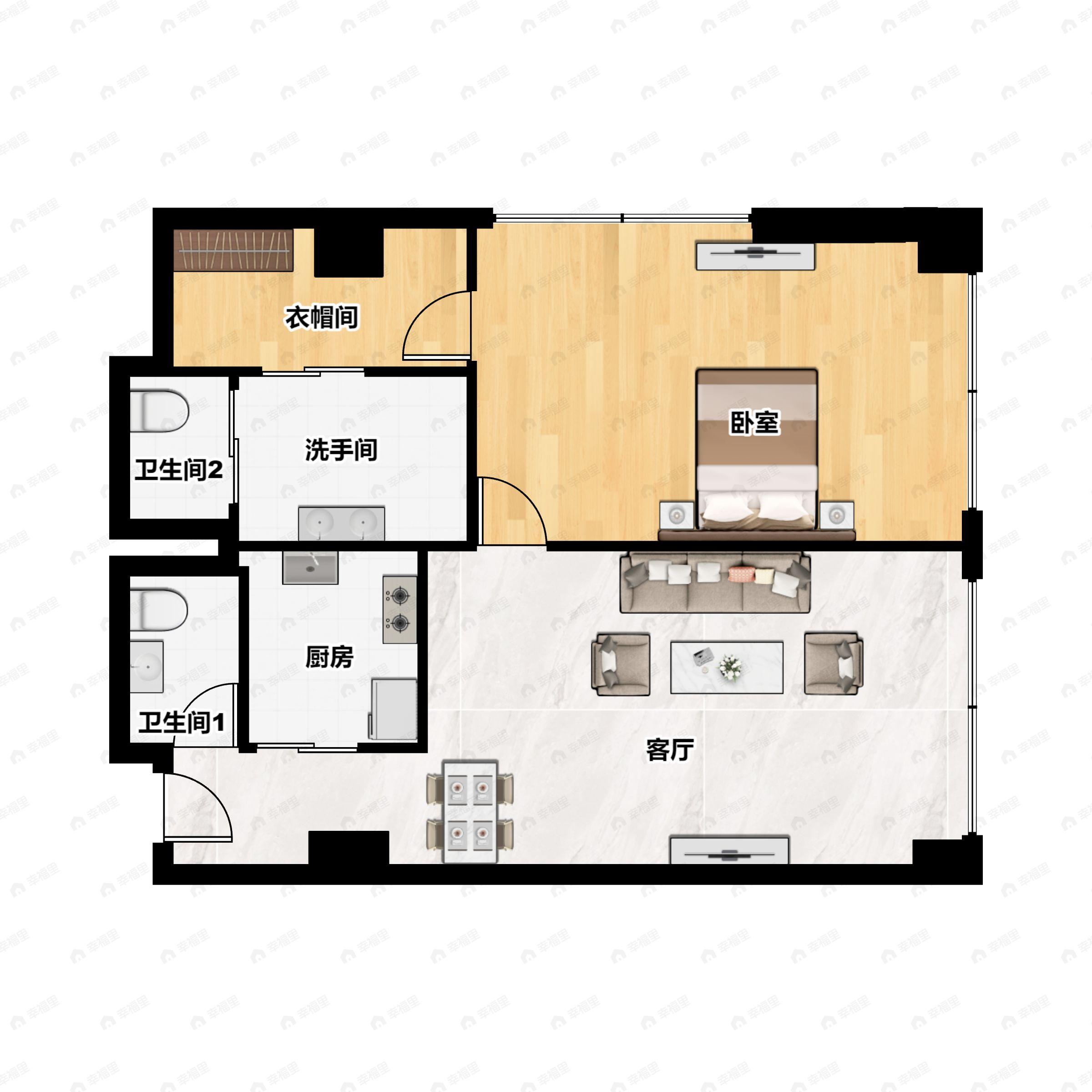 1室2厅2卫建面135m²南户型图