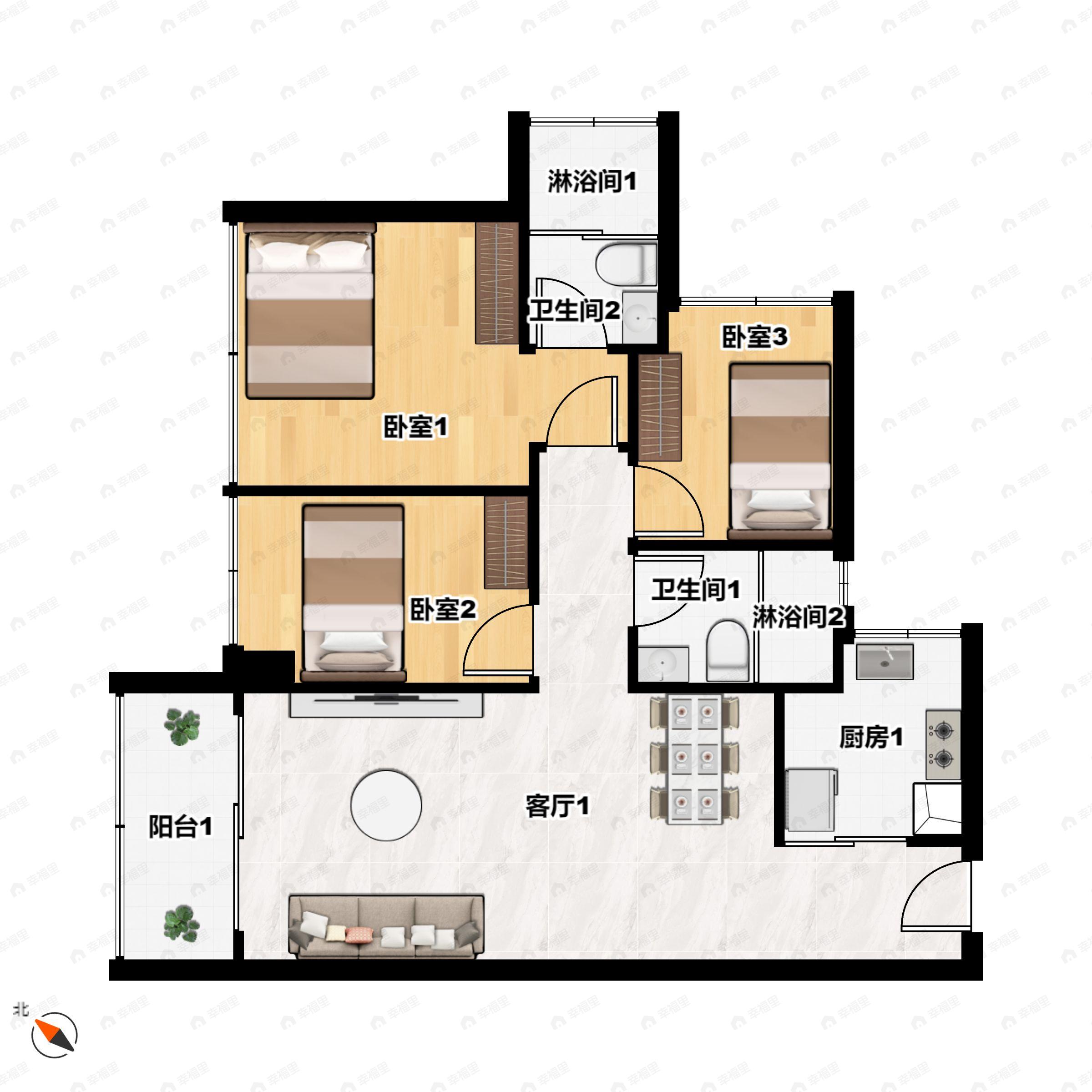 3室2厅2卫建面95平户型图