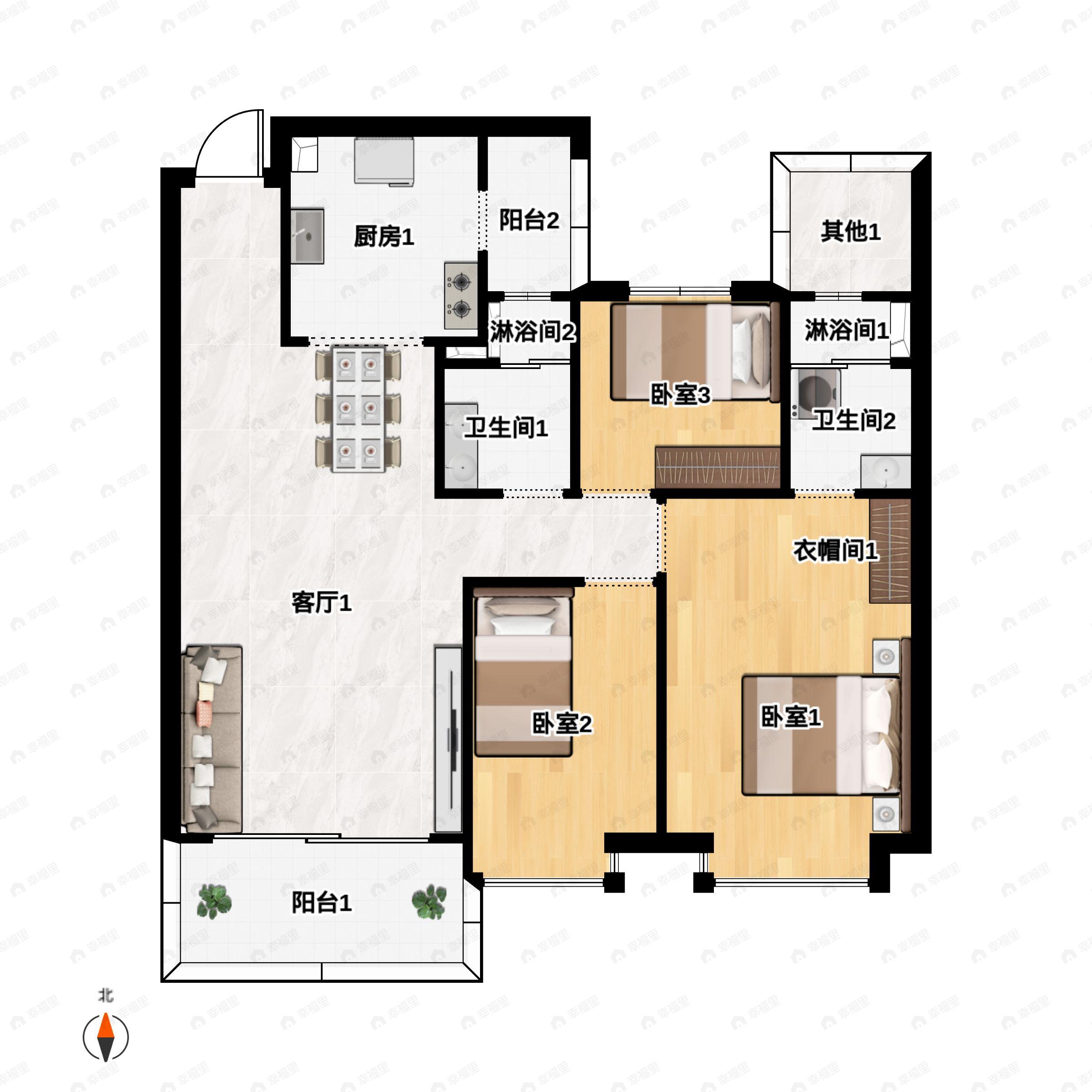3室2厅2卫建面117平户型图