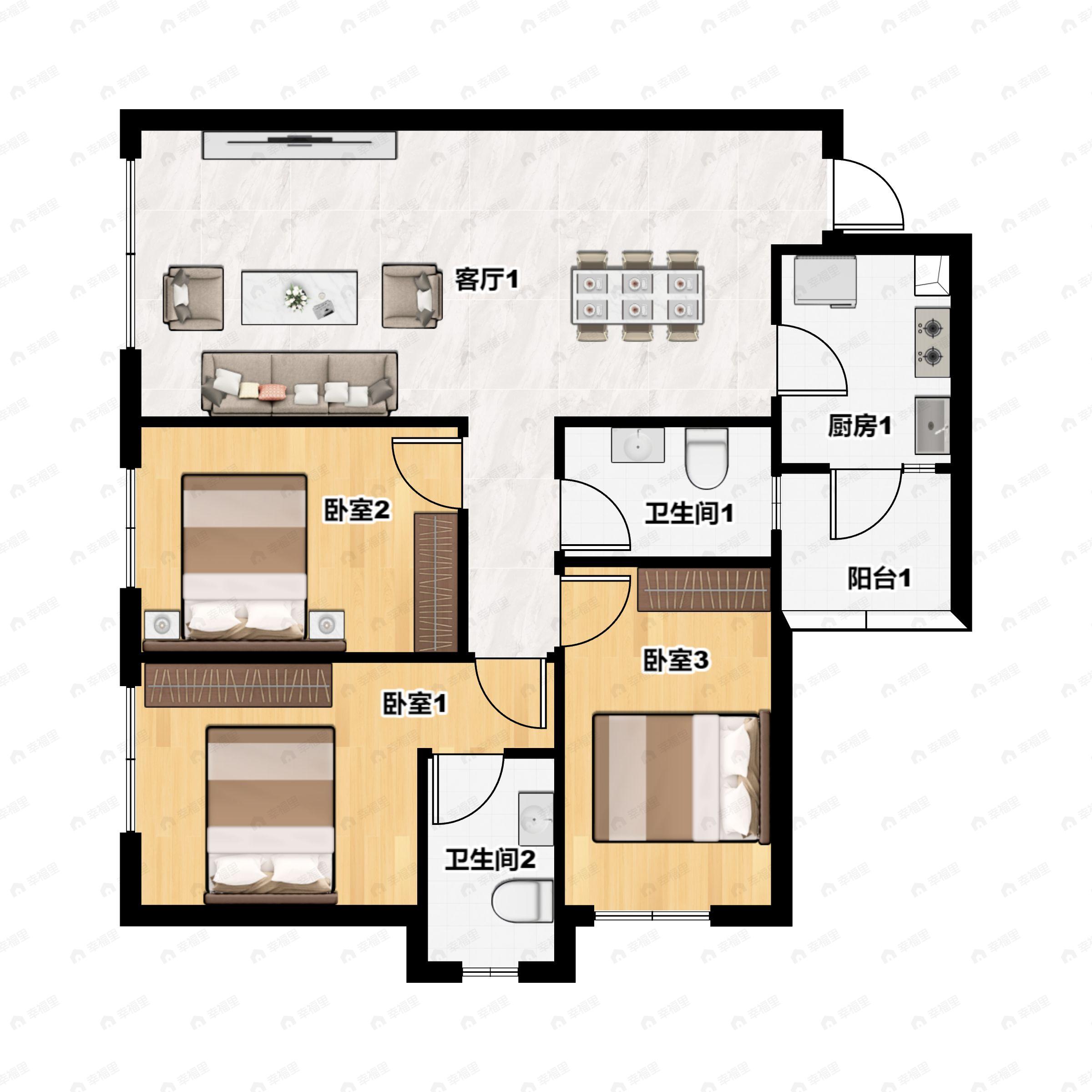 3室2厅2卫建面91平户型图