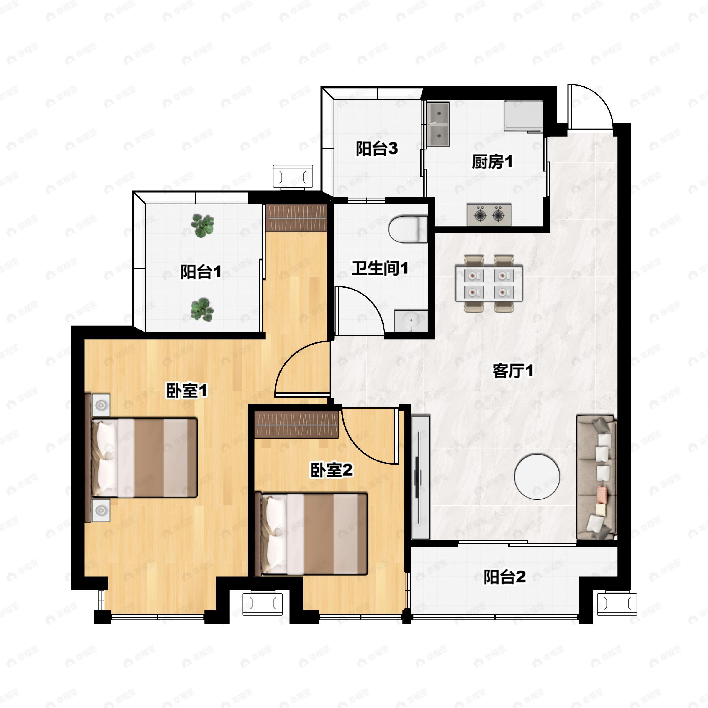 2室2厅1卫建面85平户型图