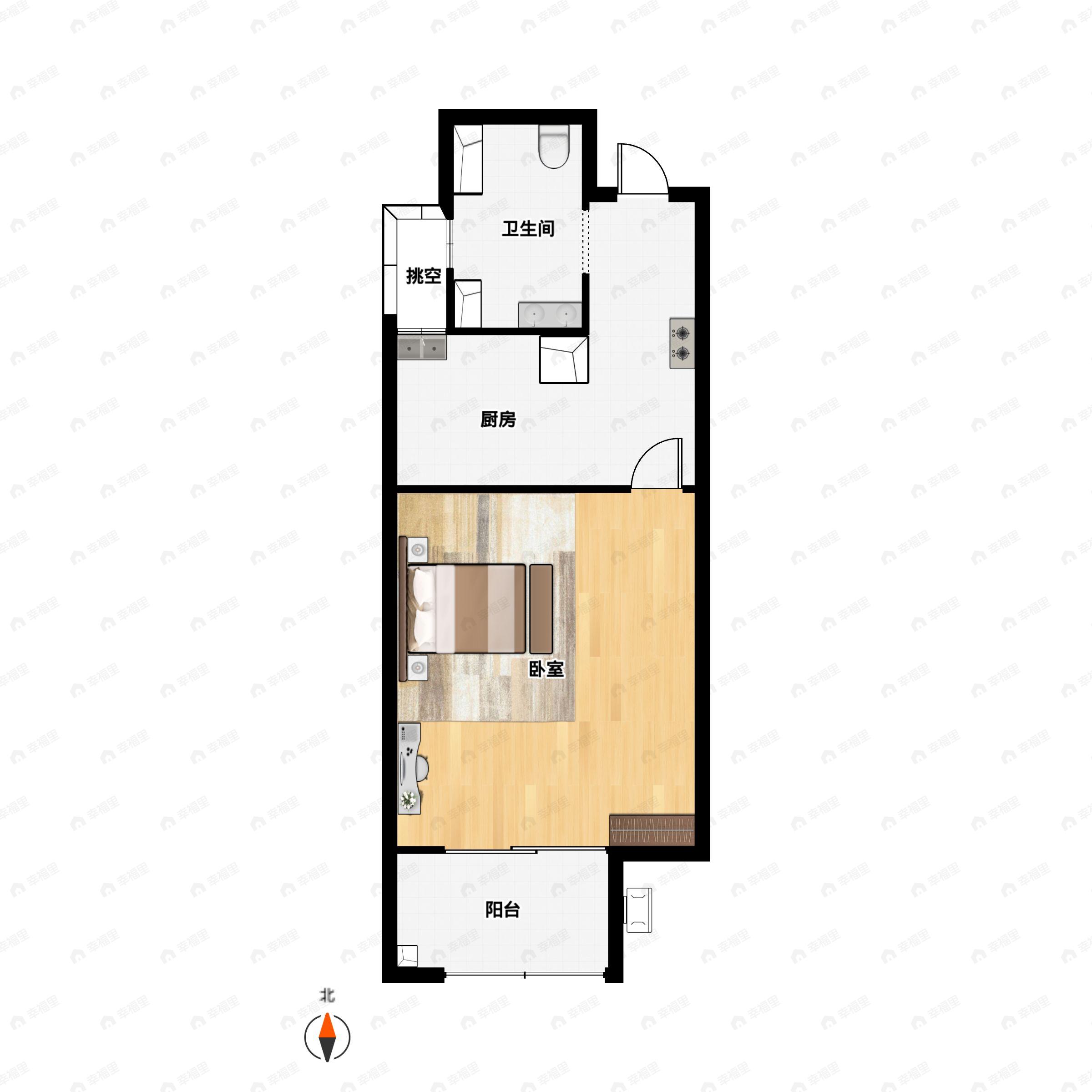 1室1厅1卫建面42m²南户型图