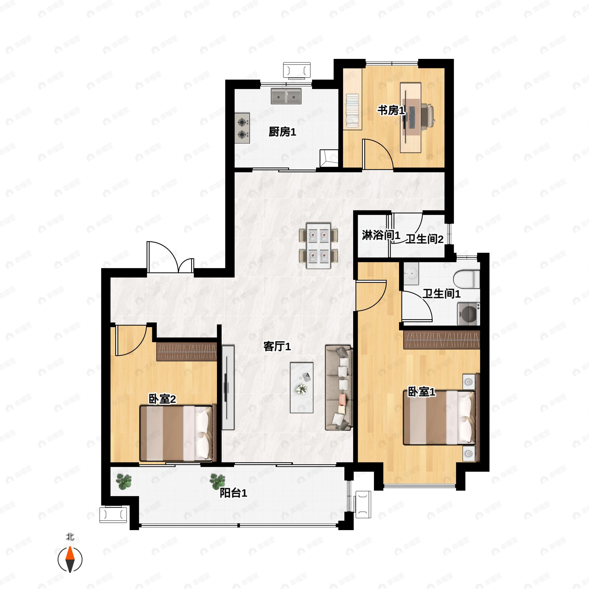 3室2厅2卫建面134平南户型图