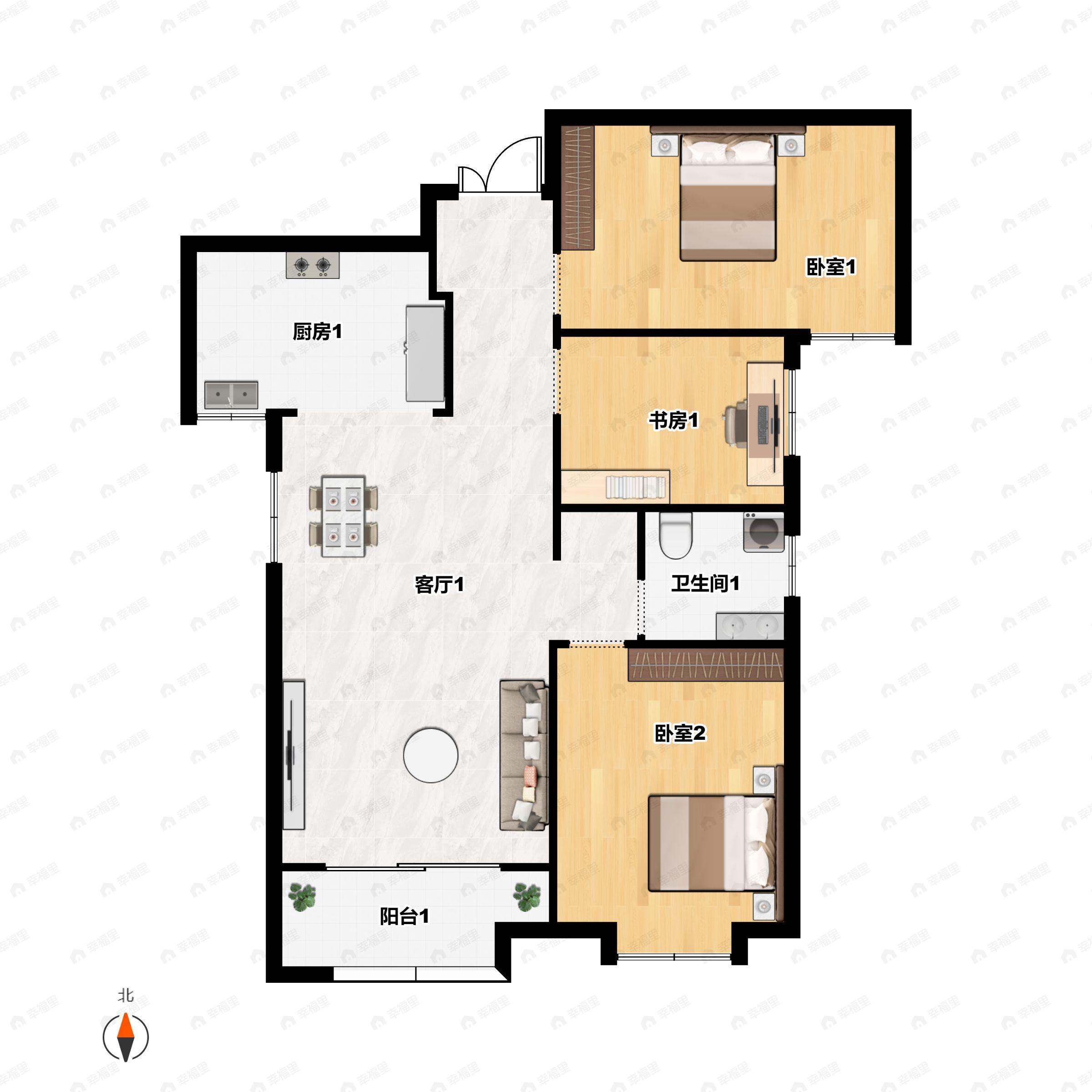 3室2厅1卫建面101m²南户型图