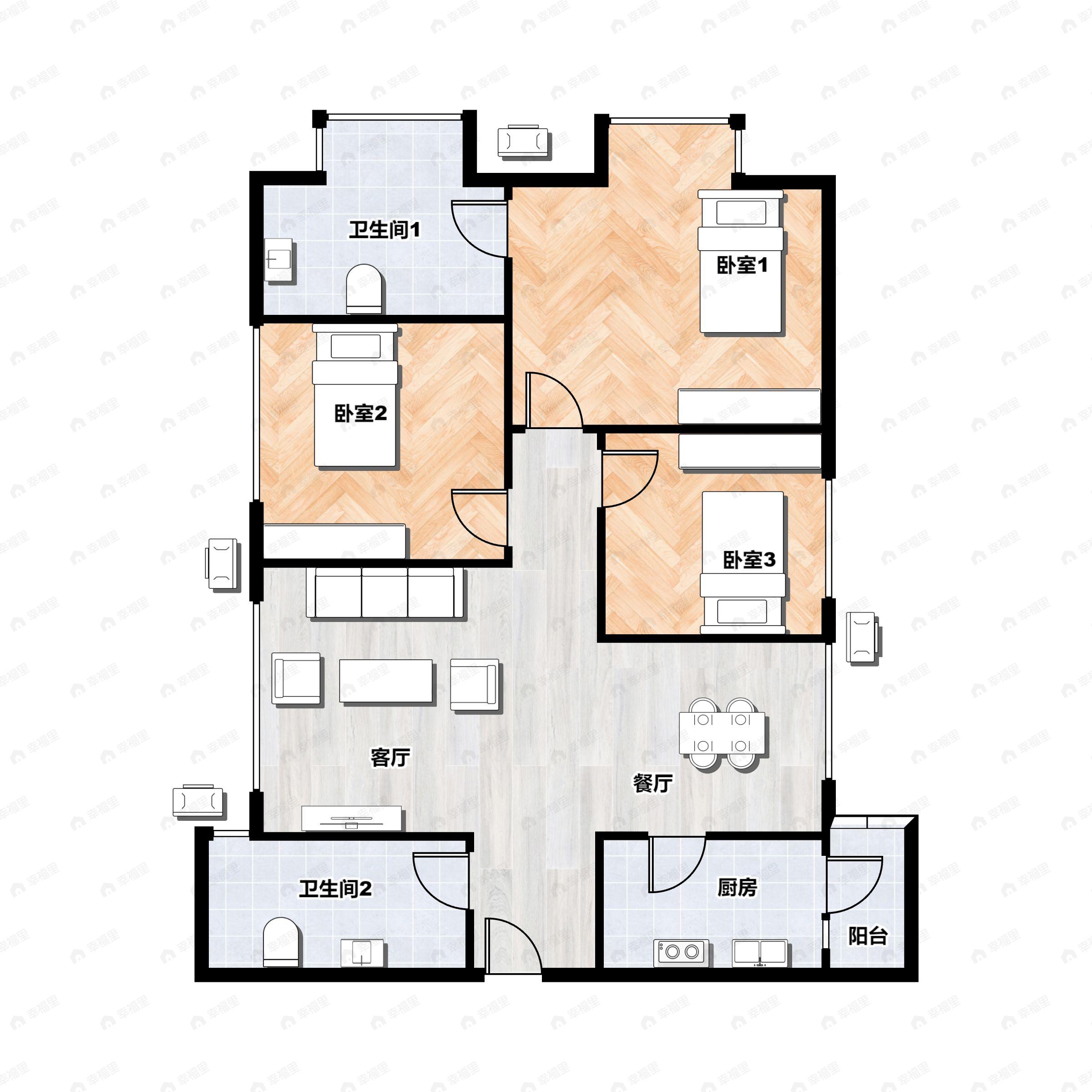 3室2厅2卫建面97平南户型图