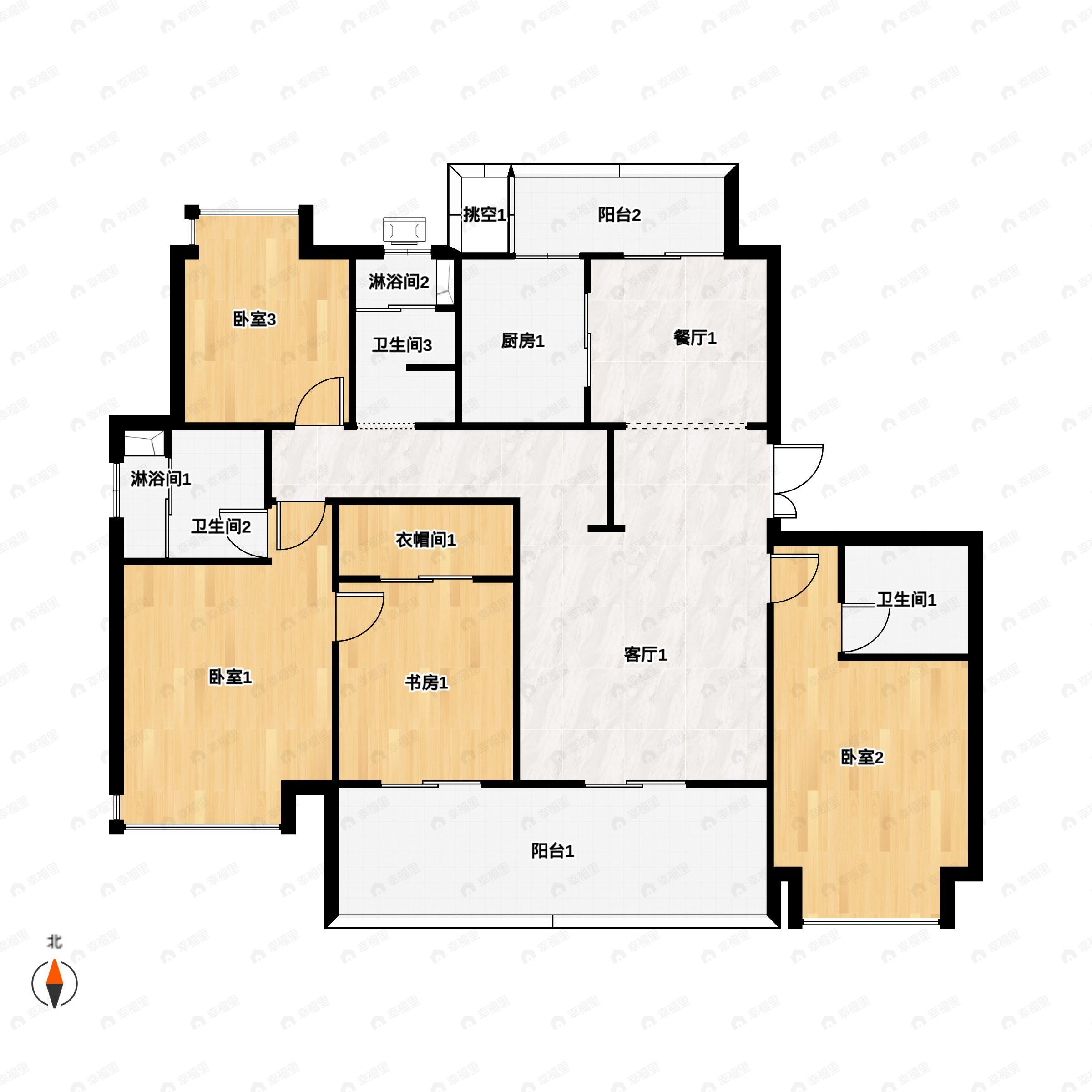 4室2厅3卫建面183平北|南户型图