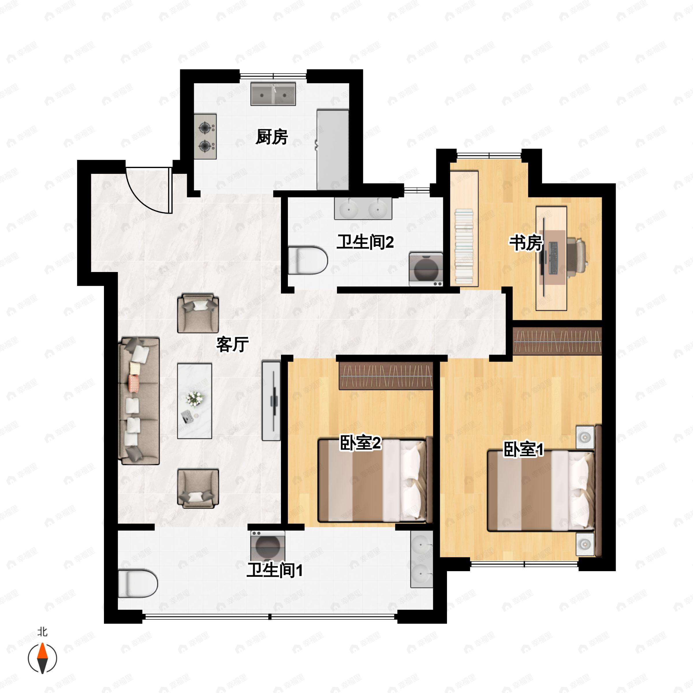 3室2厅1卫建面93m²南户型图