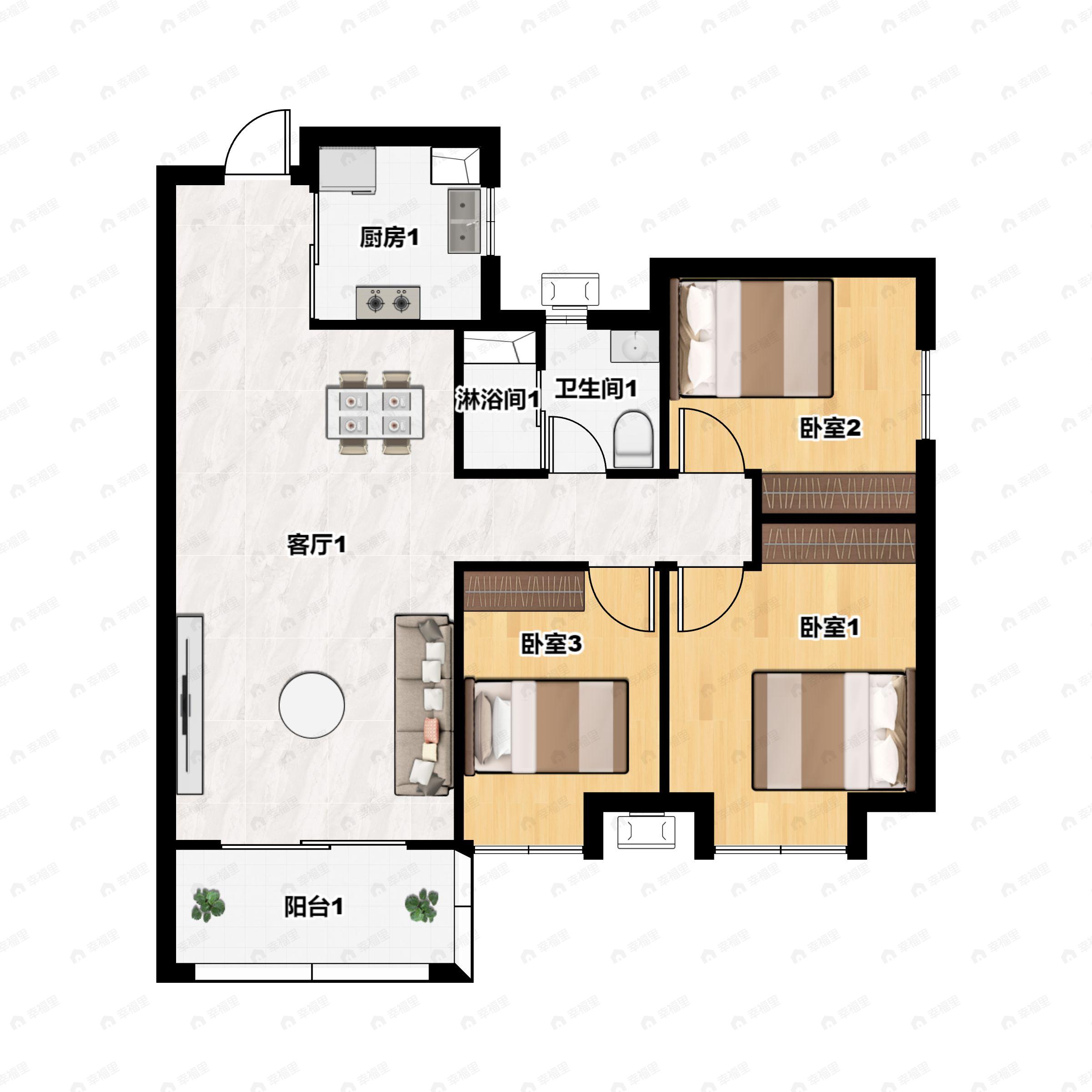 3室2厅1卫建面88平南户型图