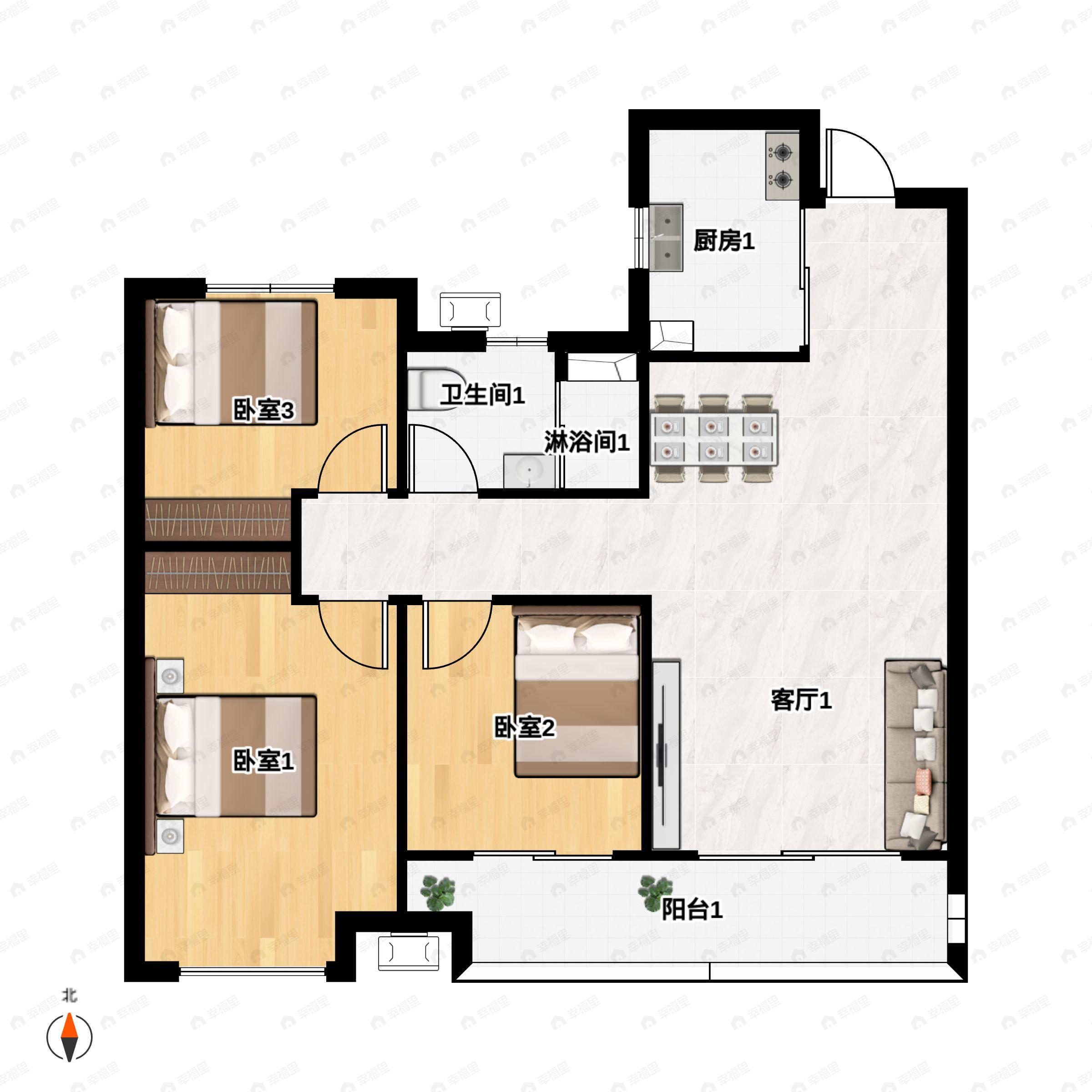 3室2厅1卫建面95平户型图