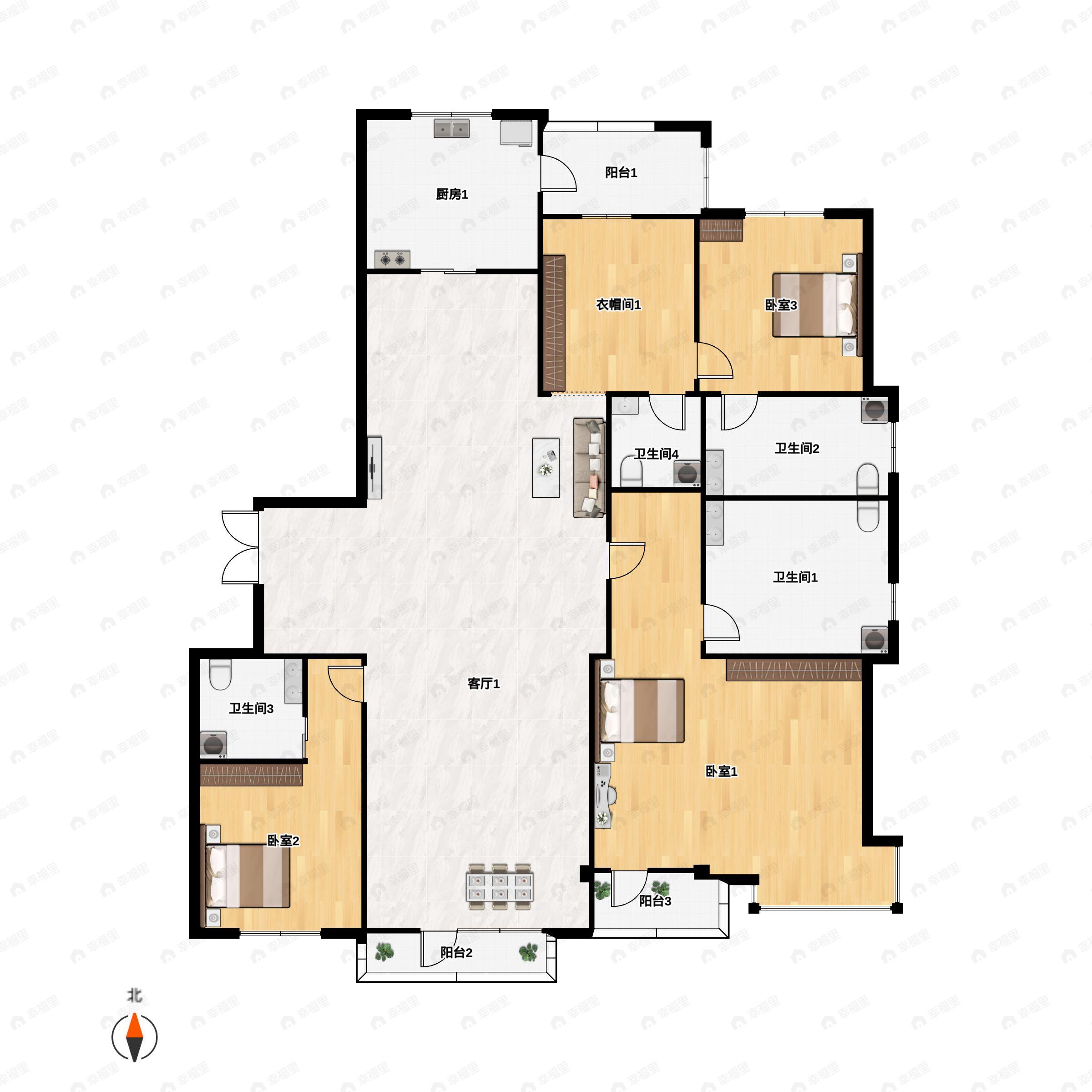 3室2厅4卫建面260平户型图