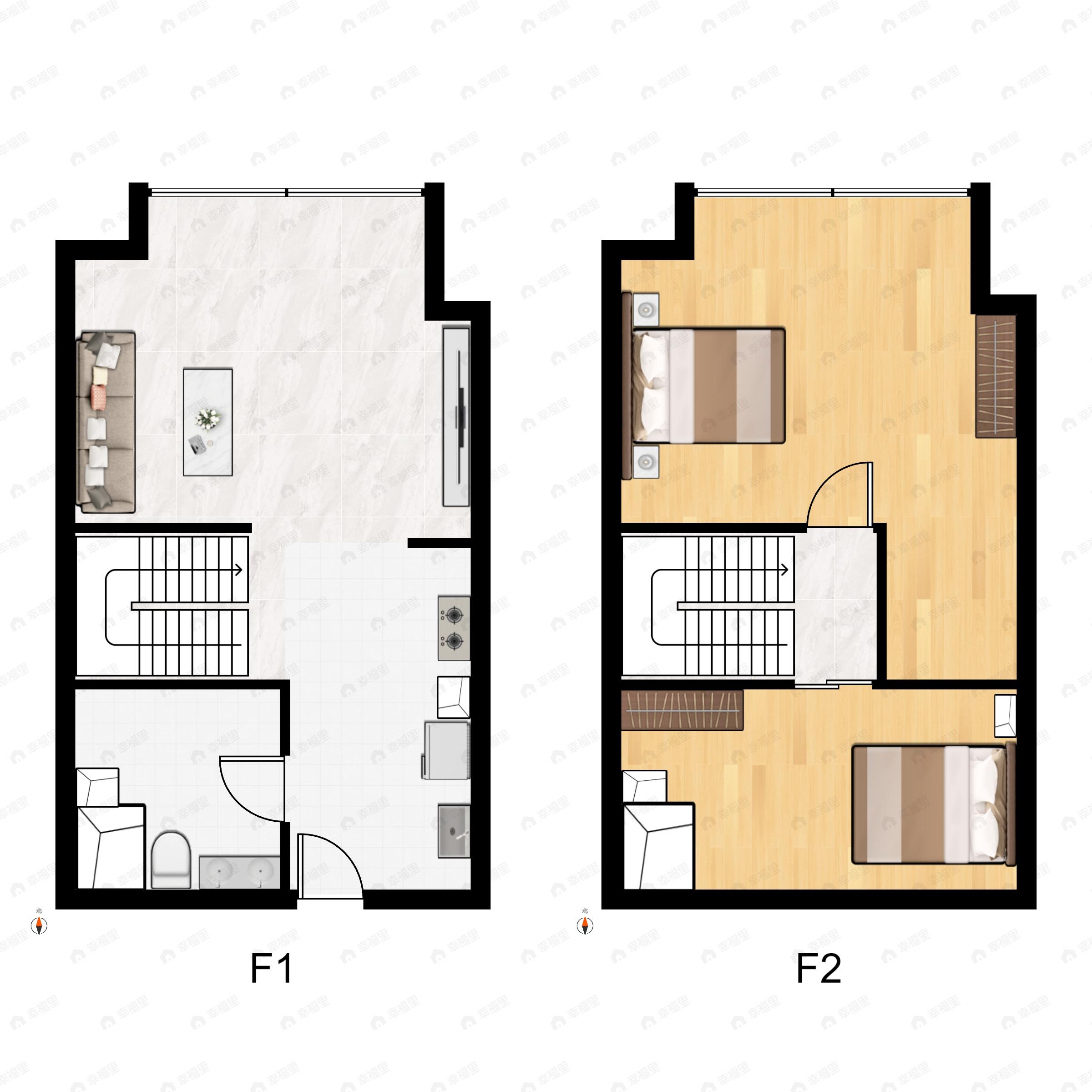 1室1厅1卫建面45平北|南户型图