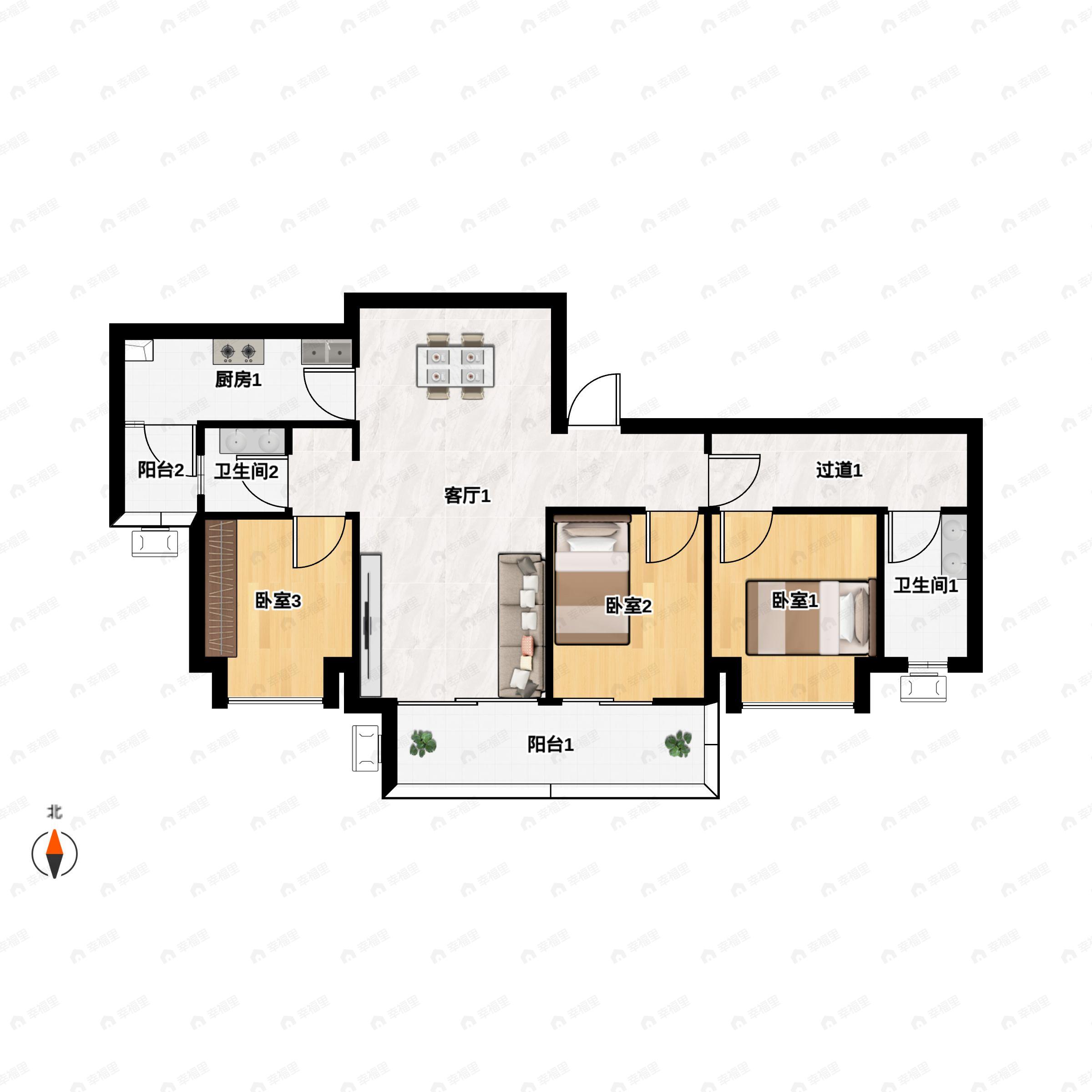 3室2厅2卫建面128m²北|南户型图