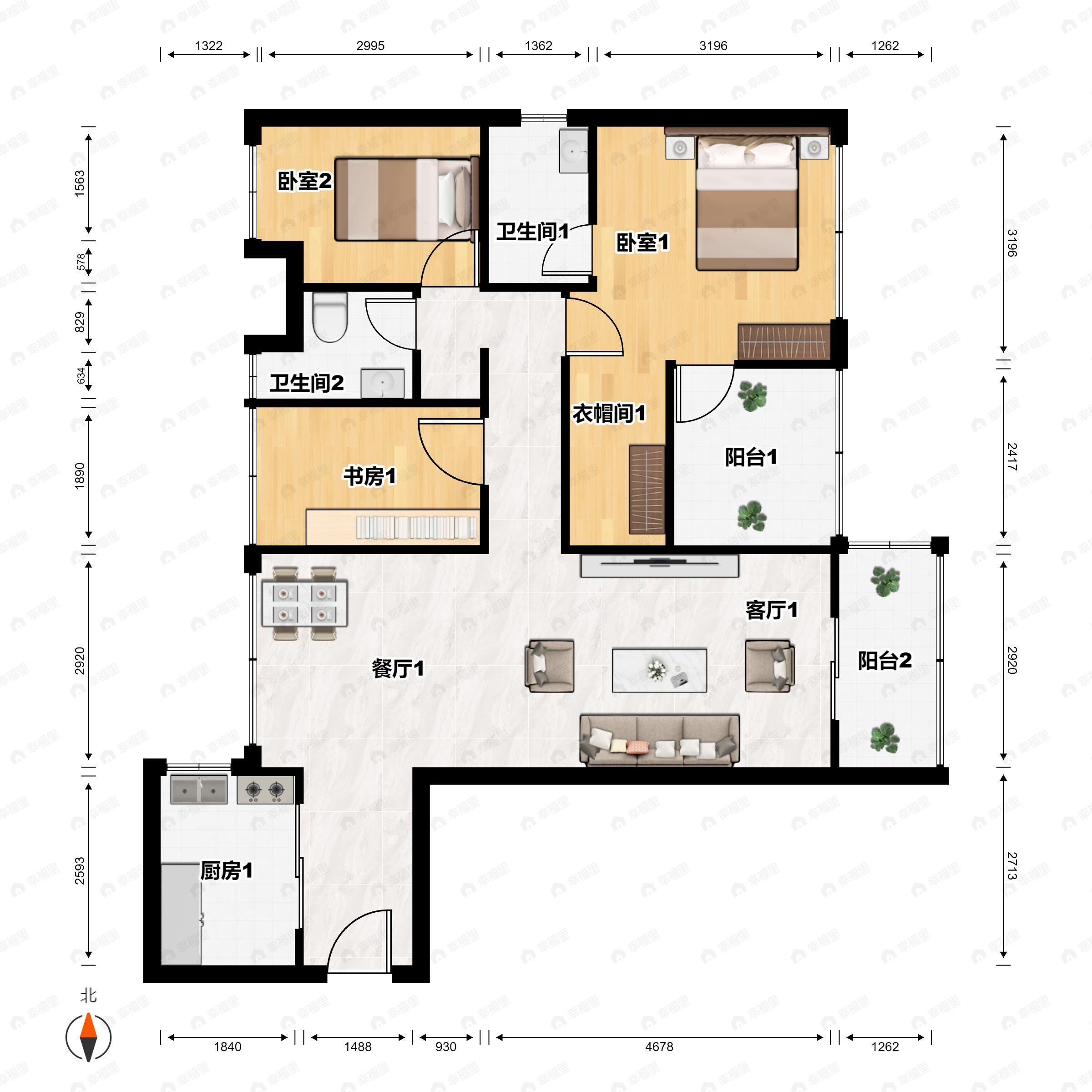 3室2厅2卫建面106平户型图