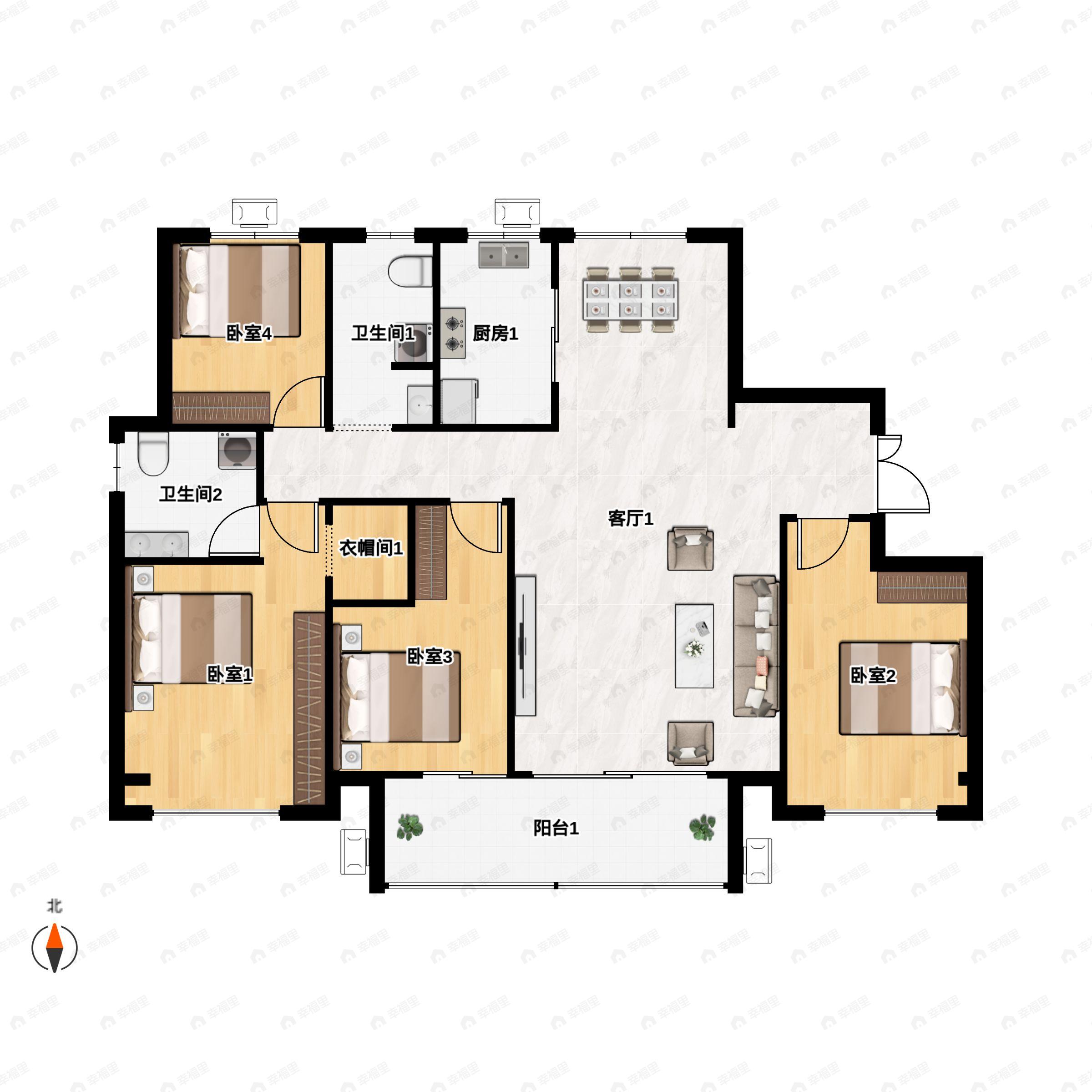 4室2厅2卫建面142平北|南户型图