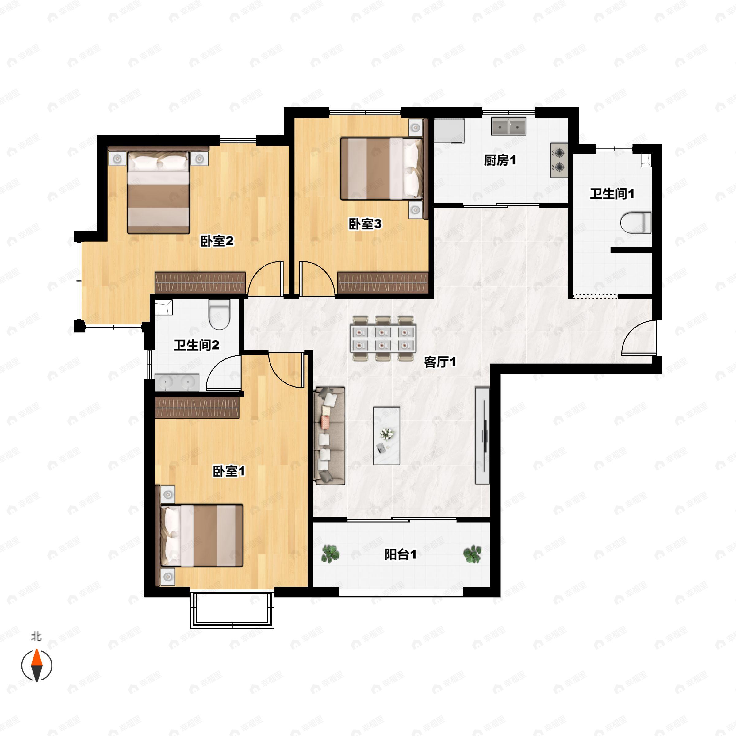 3室2厅2卫建面115平南户型图
