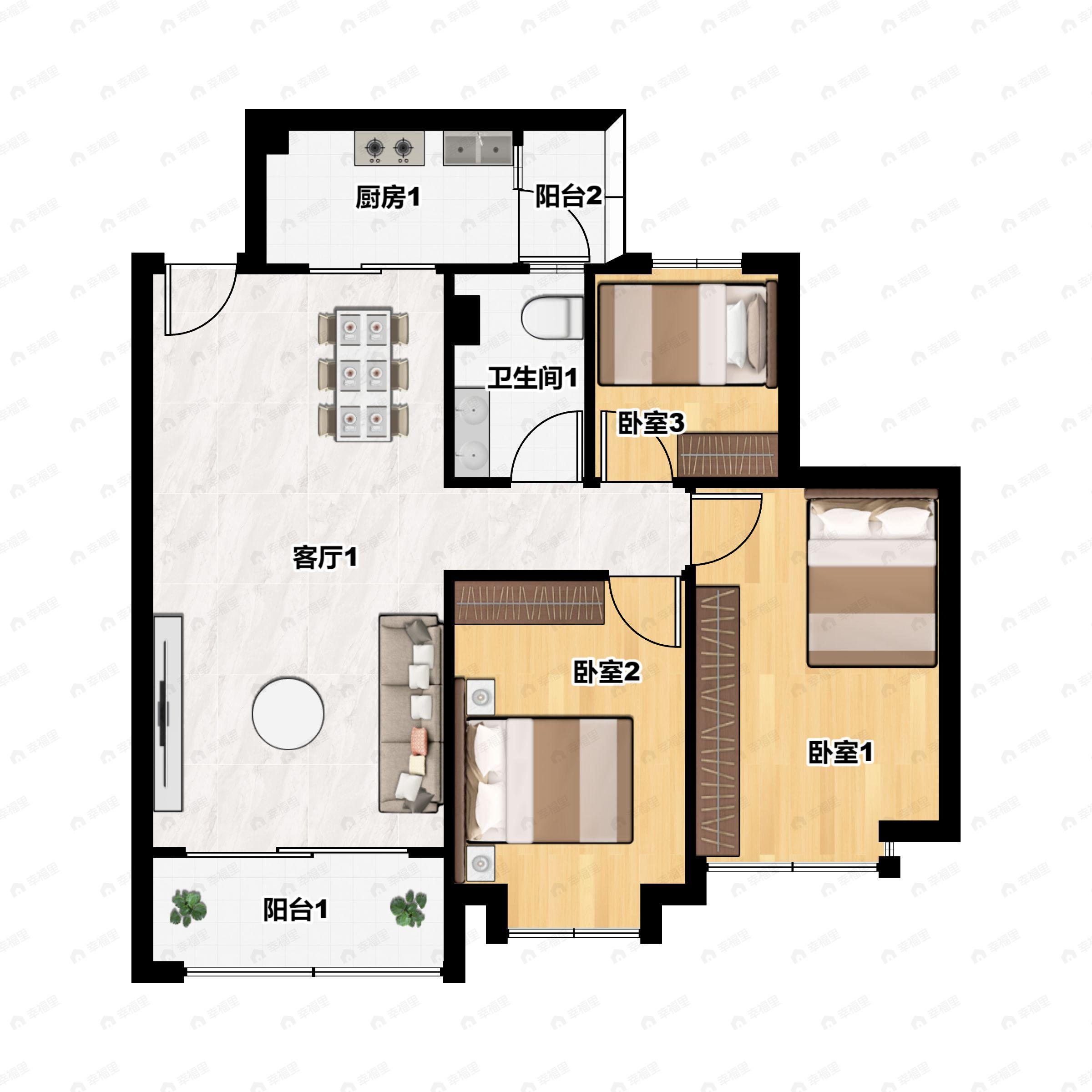 3室2厅1卫建面107平南户型图
