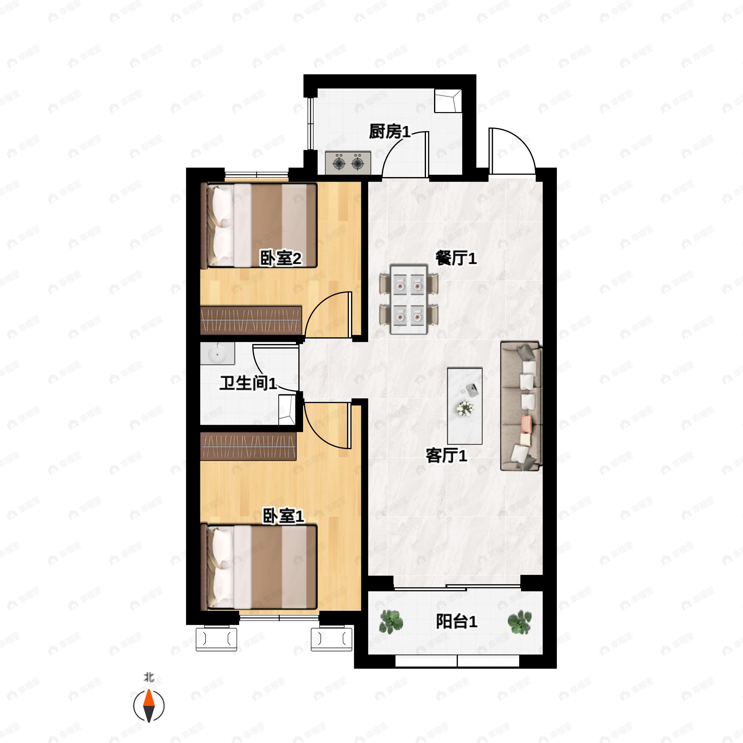 2室2厅1卫建面89m²南户型图
