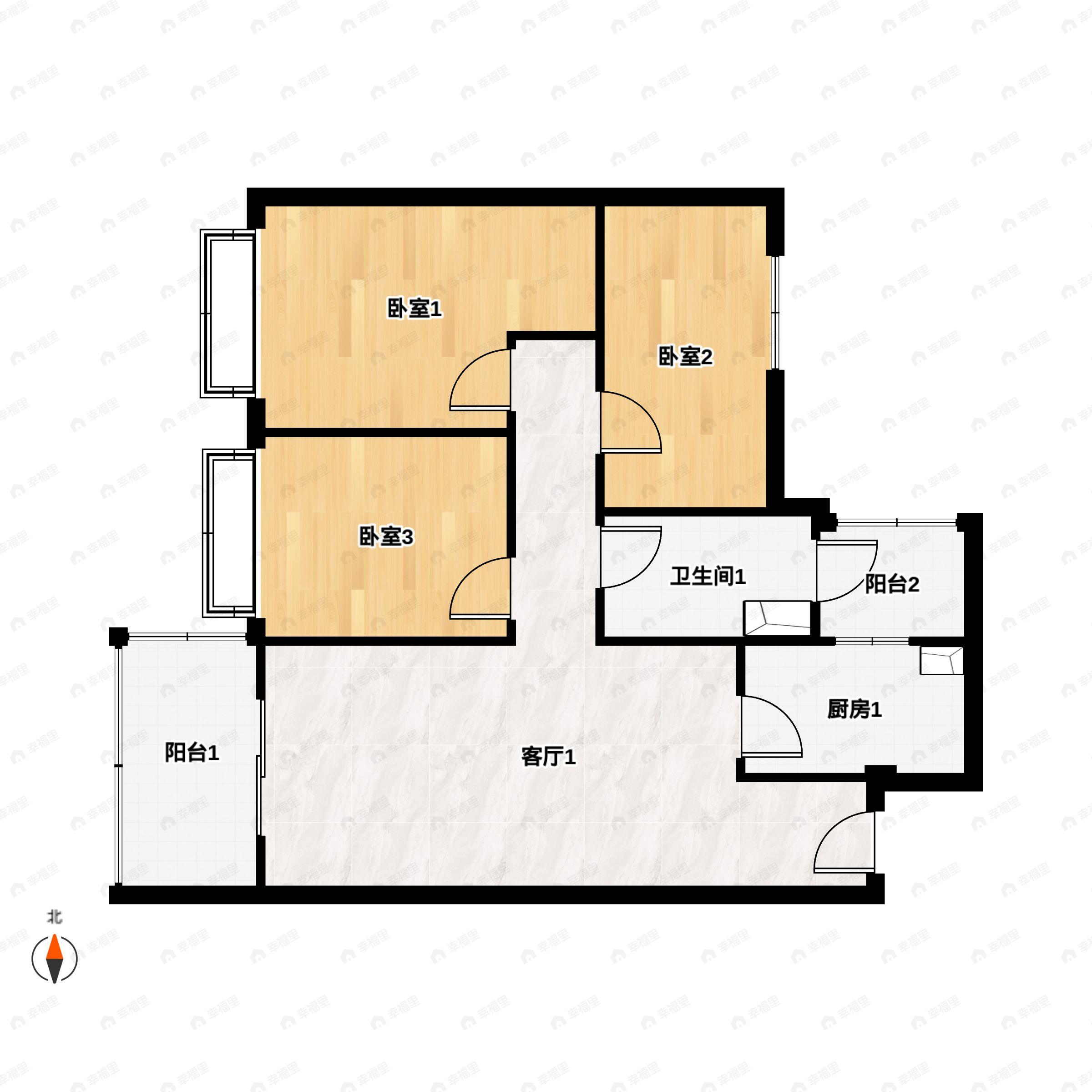 3室2厅1卫建面93m²南|北户型图