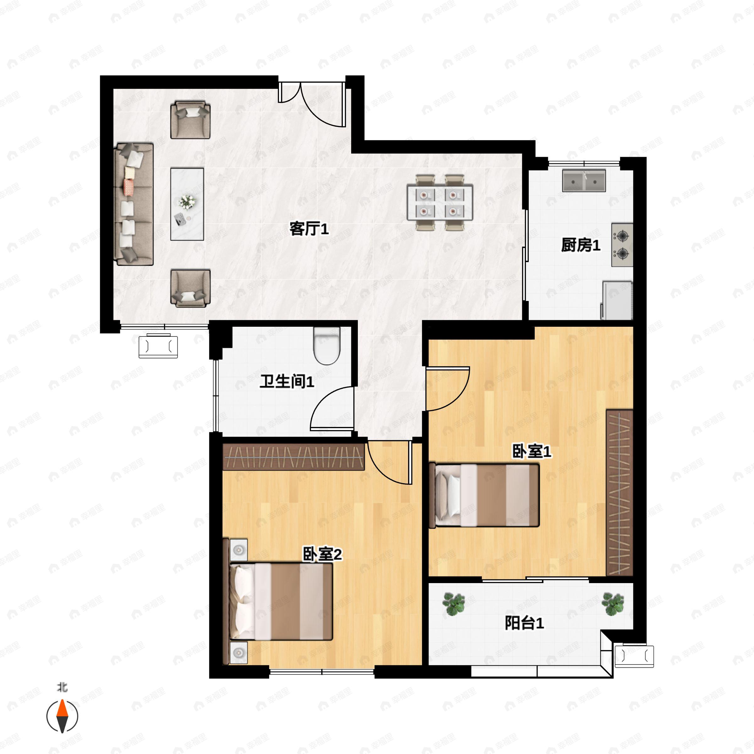 2室2厅1卫建面88m²南户型图