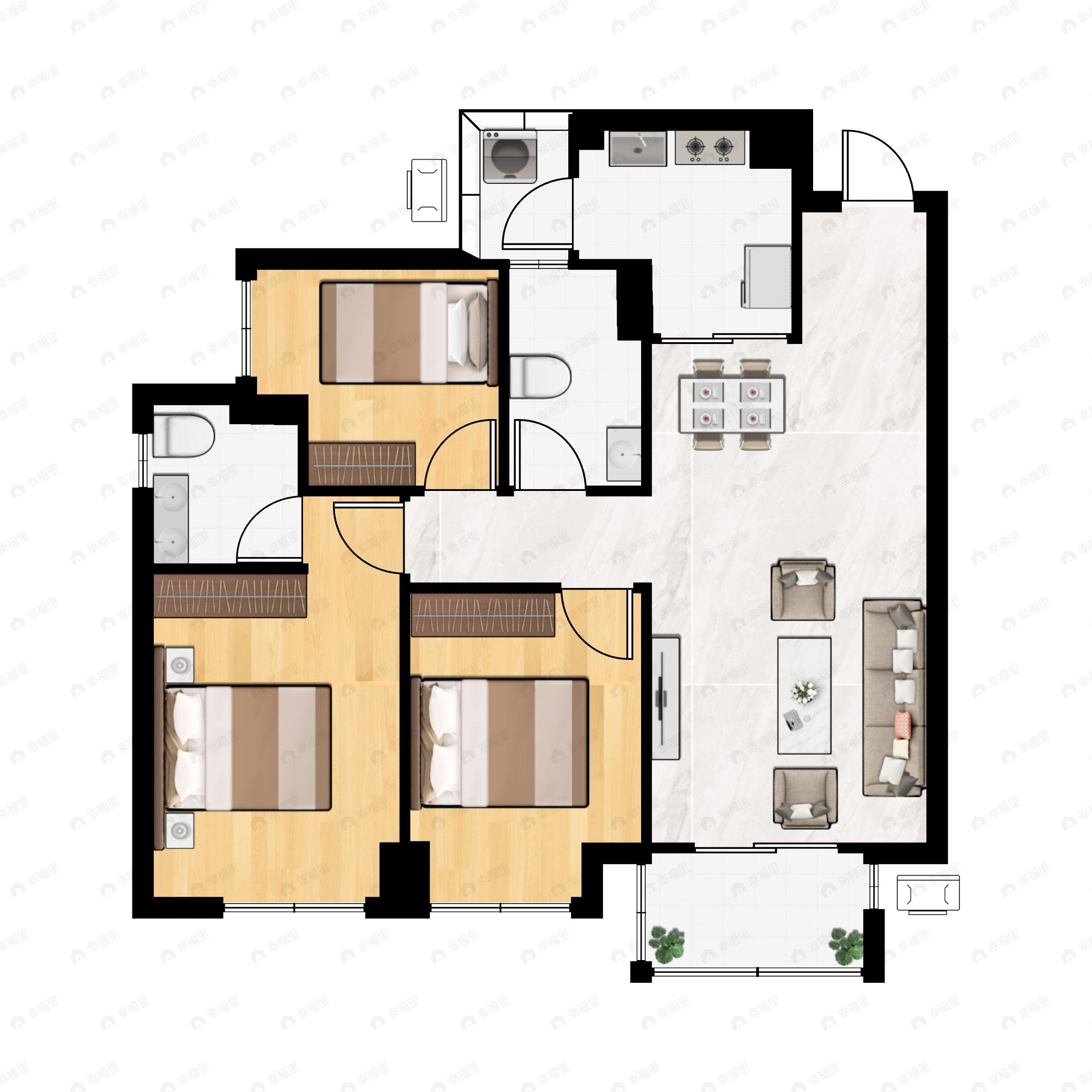 3室2厅2卫建面98m²东南户型图