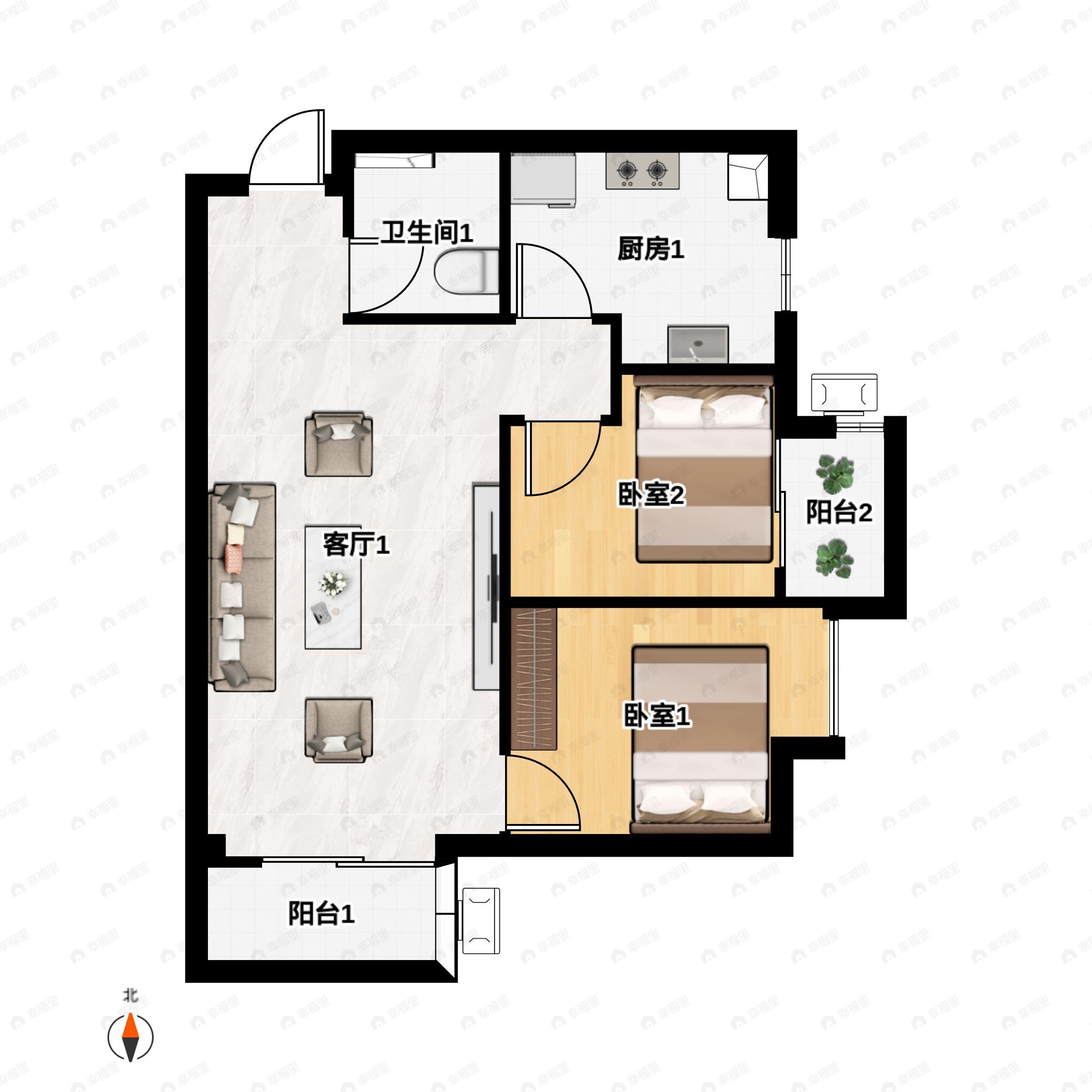 2室2厅1卫建面83m²西南户型图