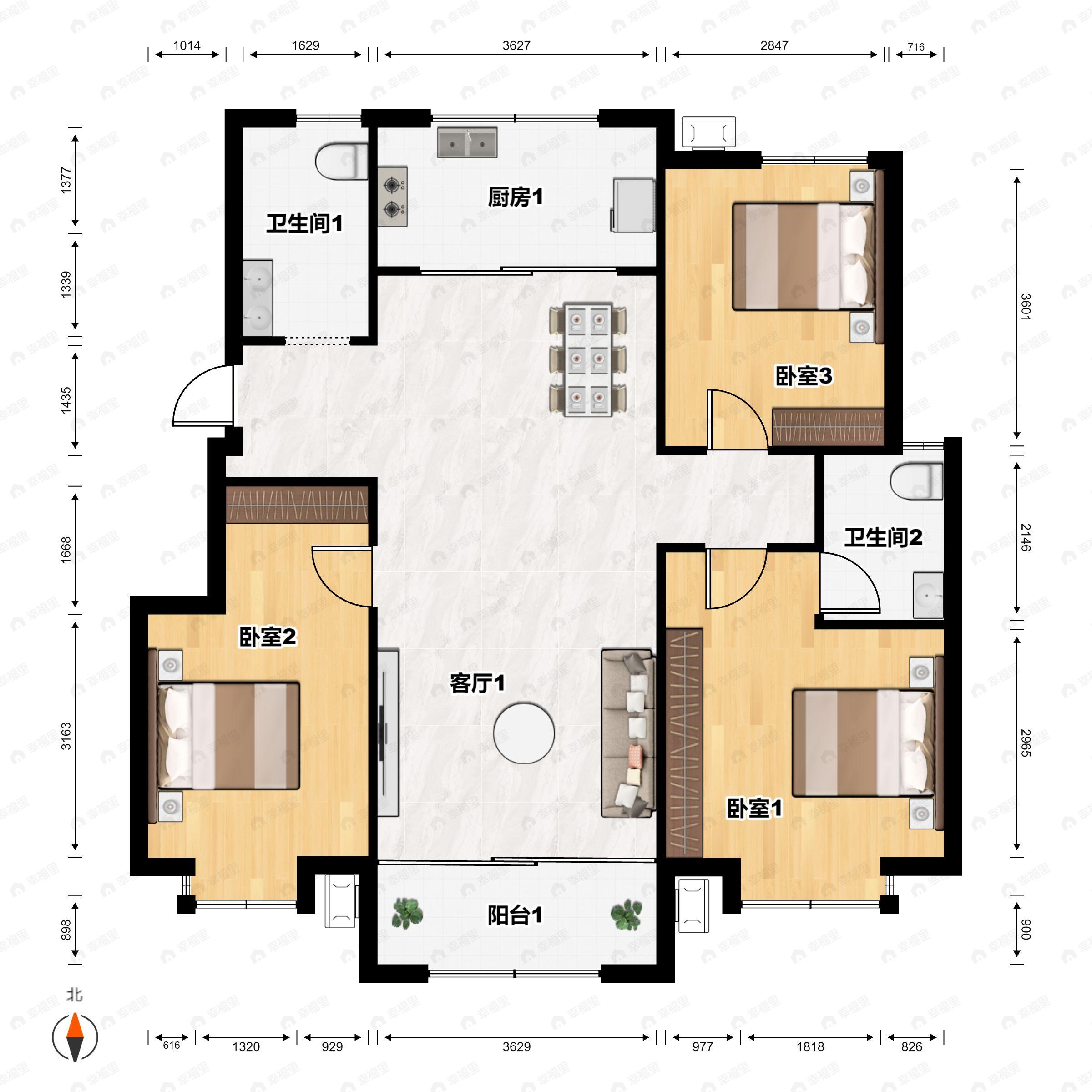 3室2厅2卫建面132平南户型图