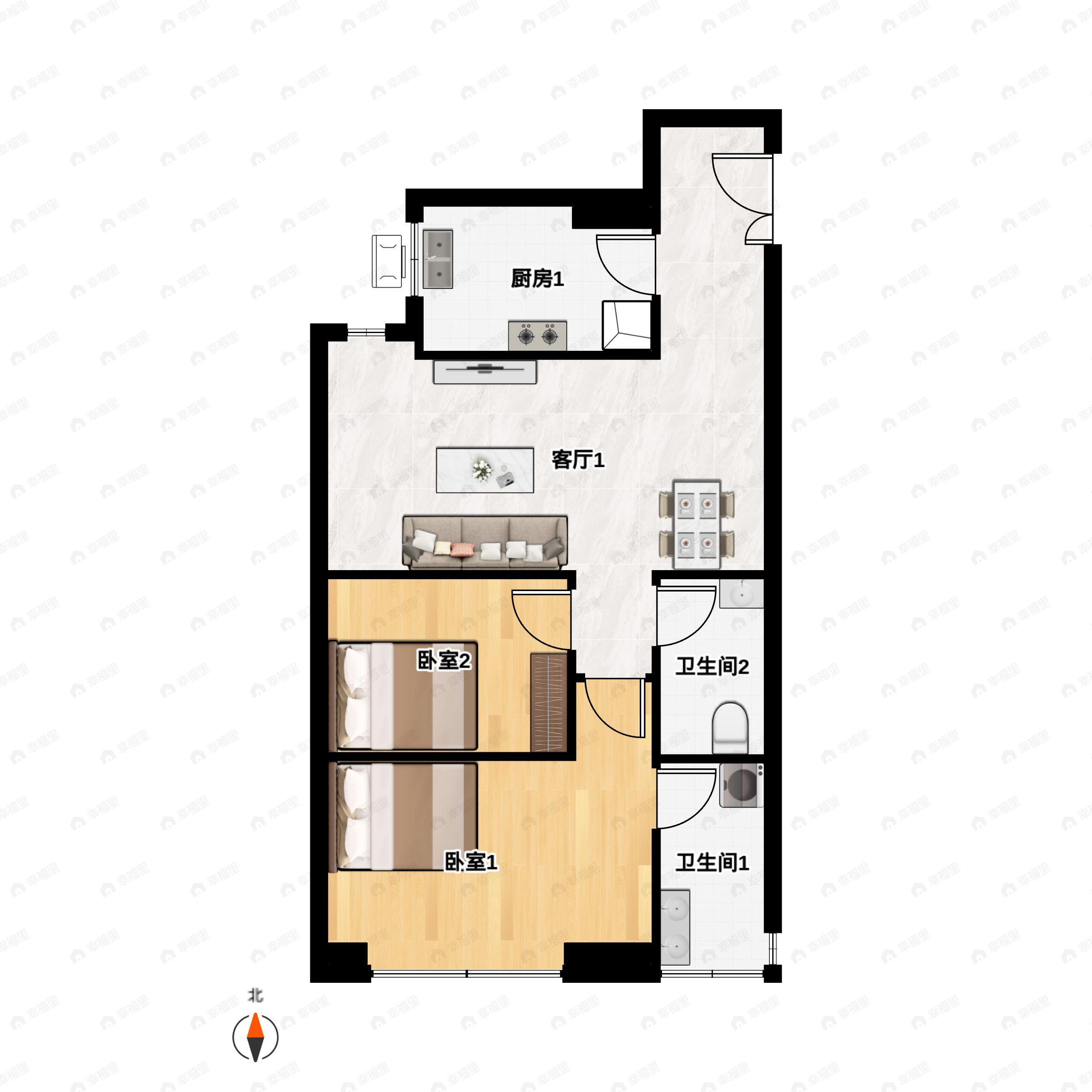 2室2厅2卫建面122平南|北户型图