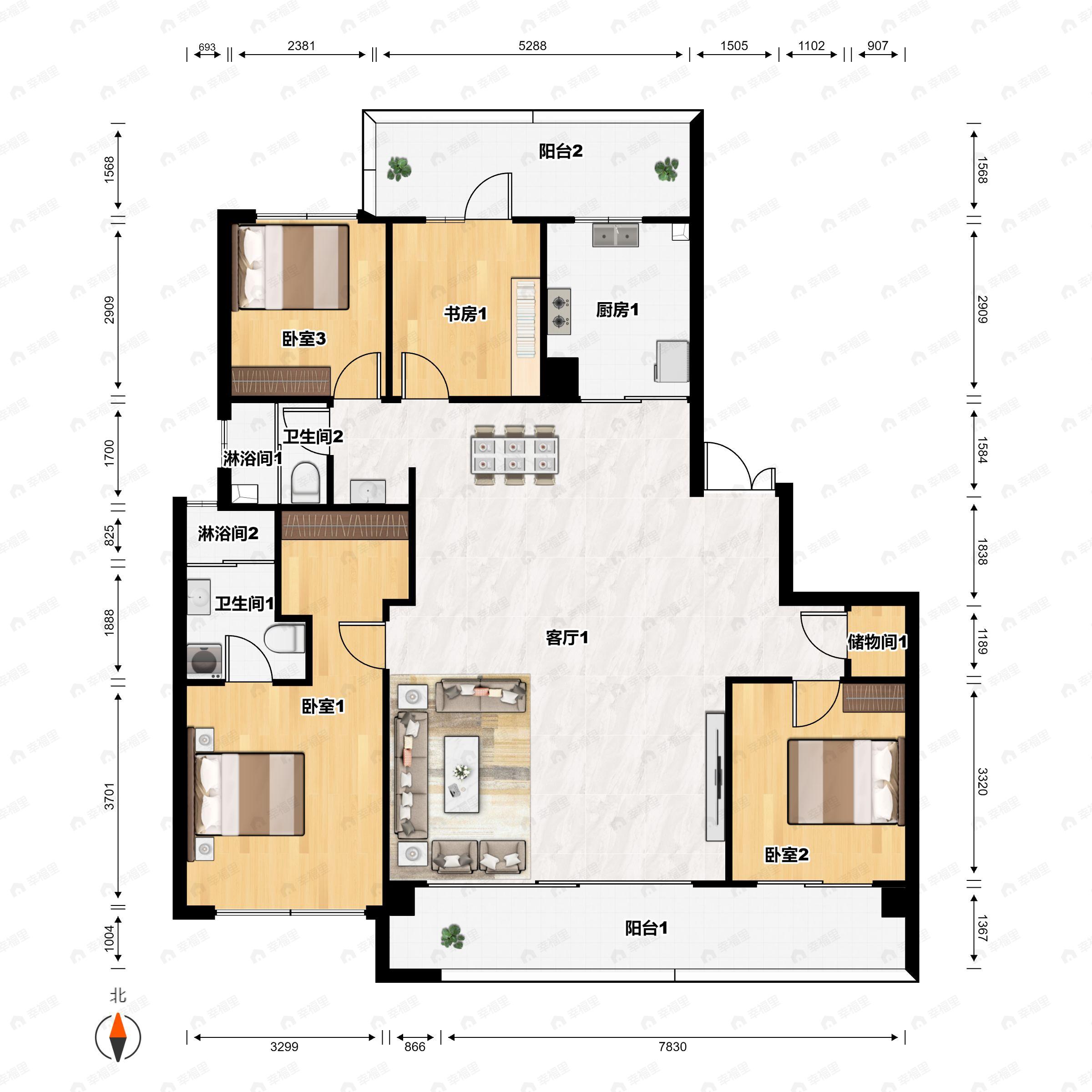 4室2厅2卫建面178平南|北户型图