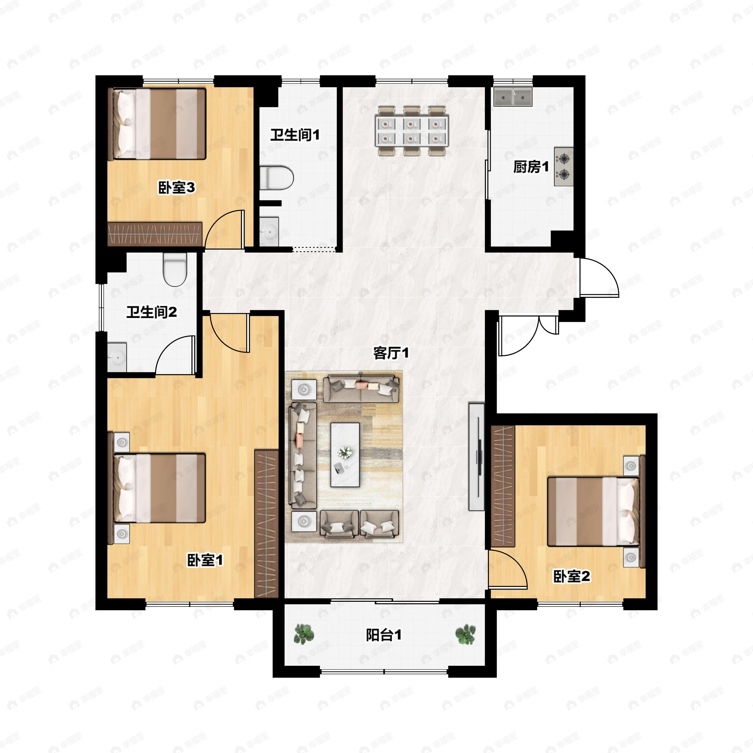 3室2厅2卫建面128平南户型图