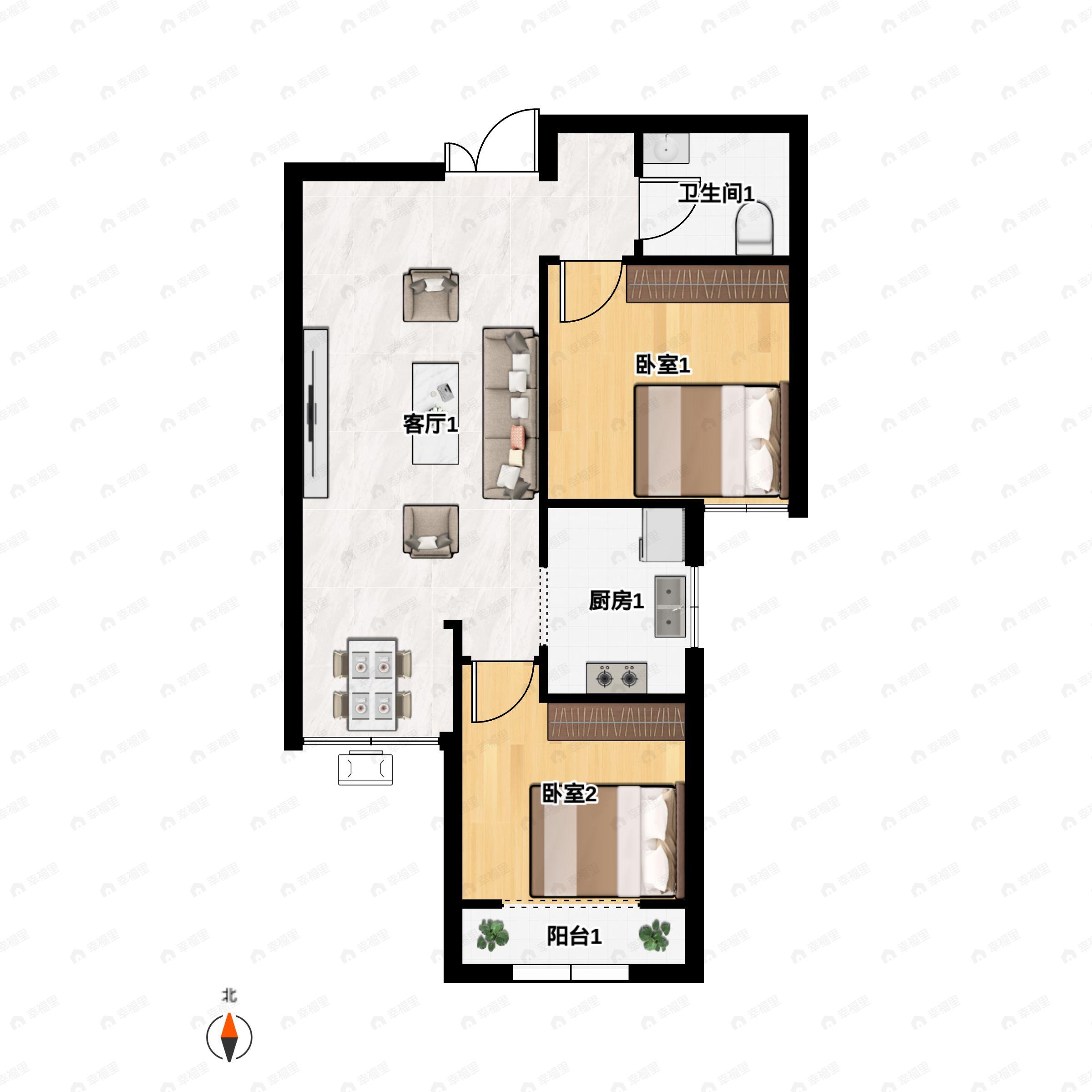 2室1厅1卫建面71平南户型图
