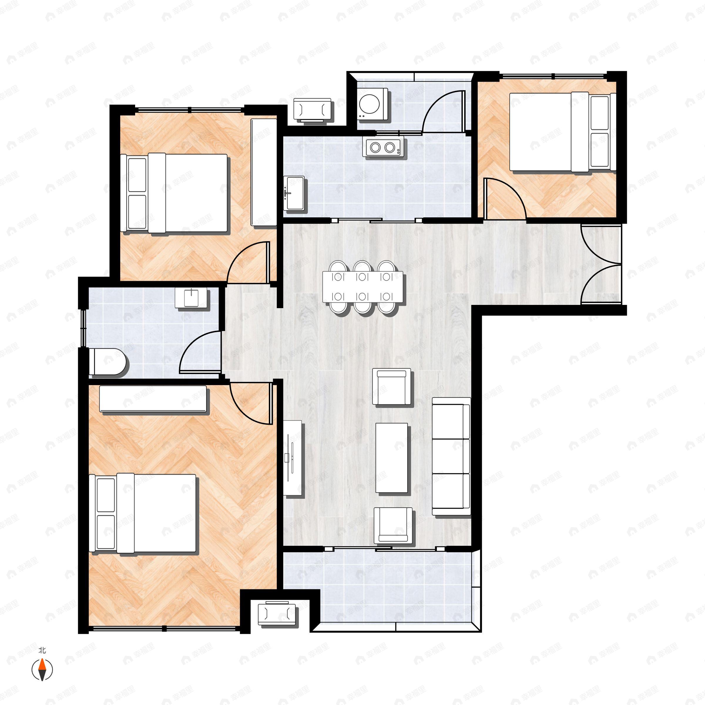 3室2厅1卫建面85m²南户型图