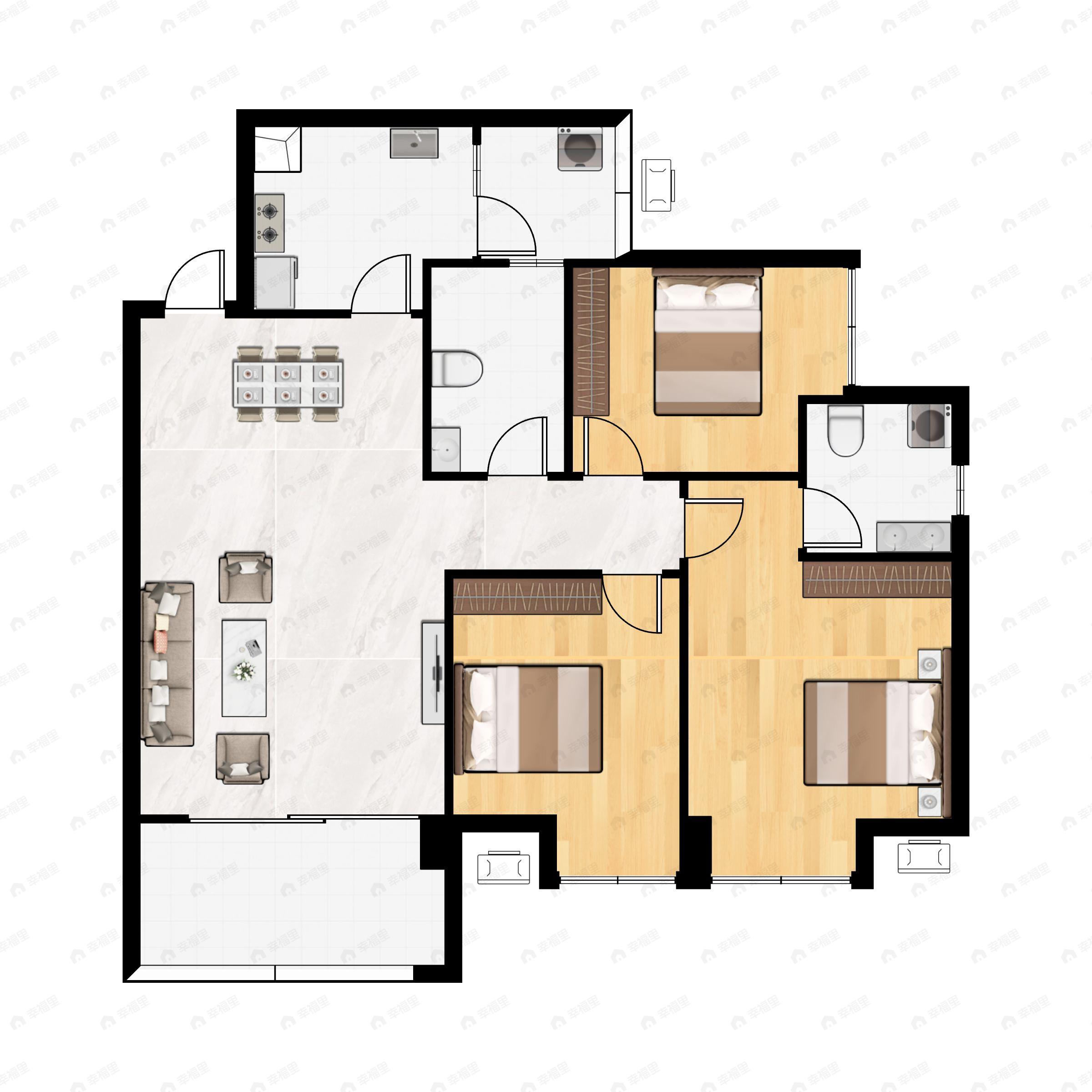 3室2厅2卫建面101平西南户型图