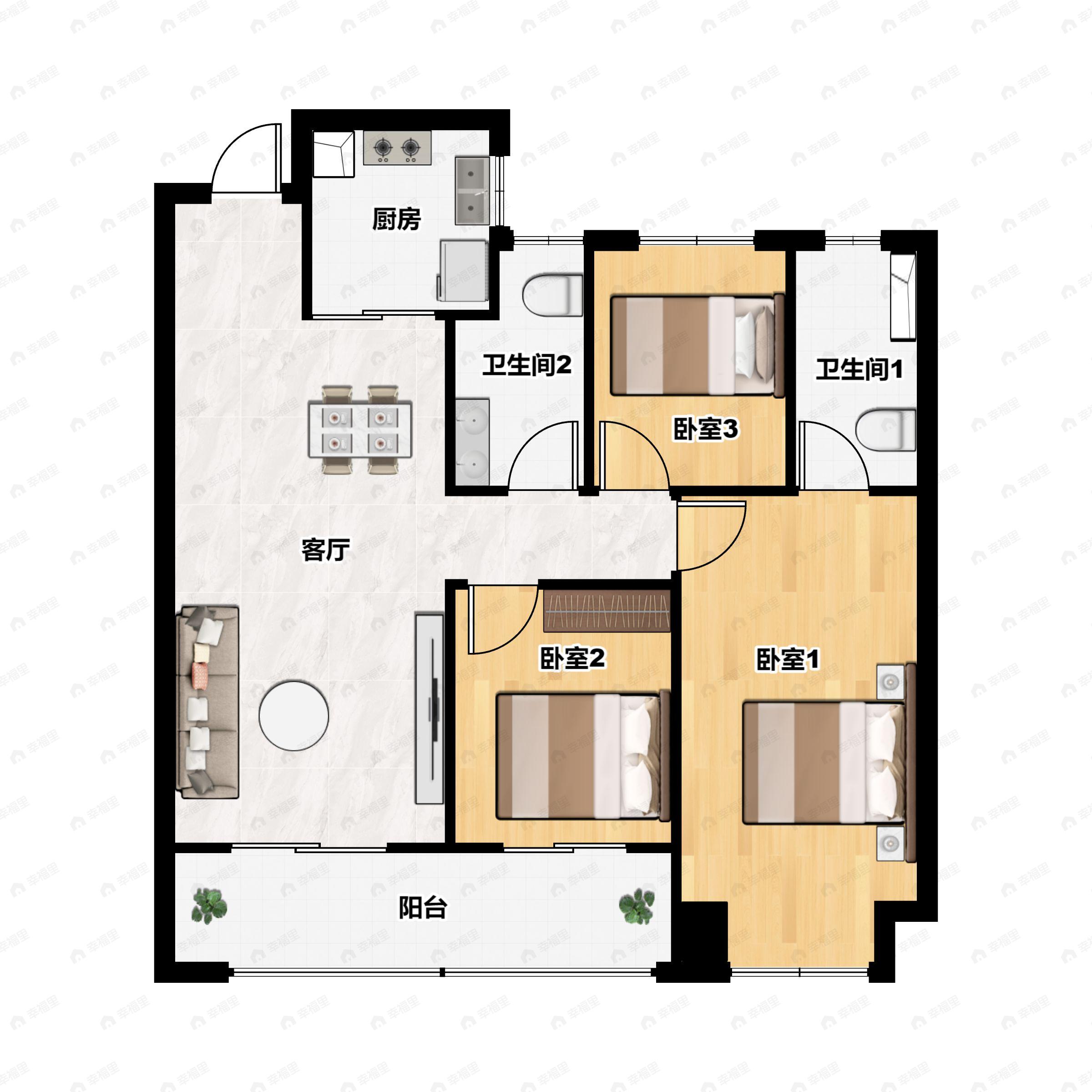 3室2厅2卫建面124平户型图