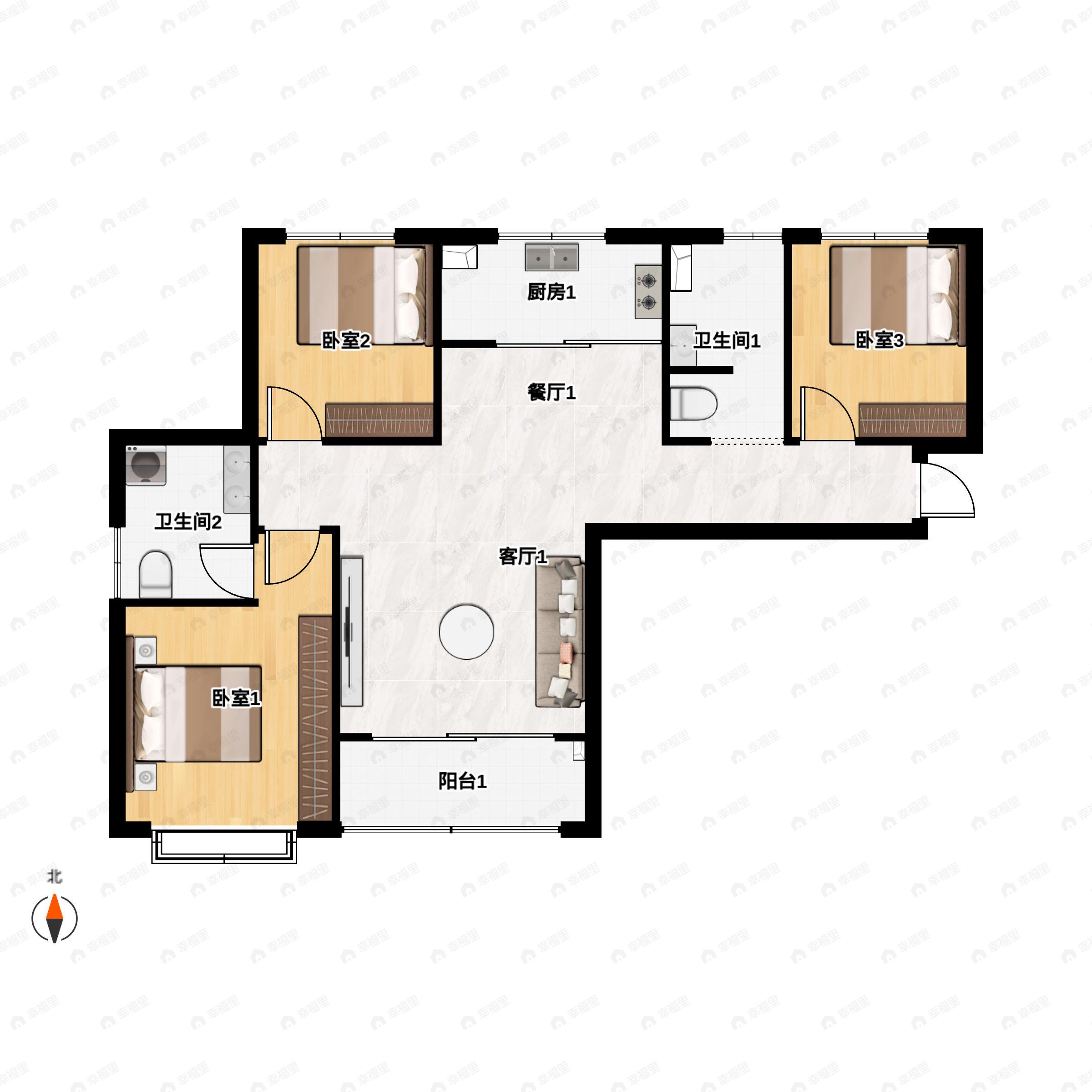 3室2厅2卫建面121平南|北户型图