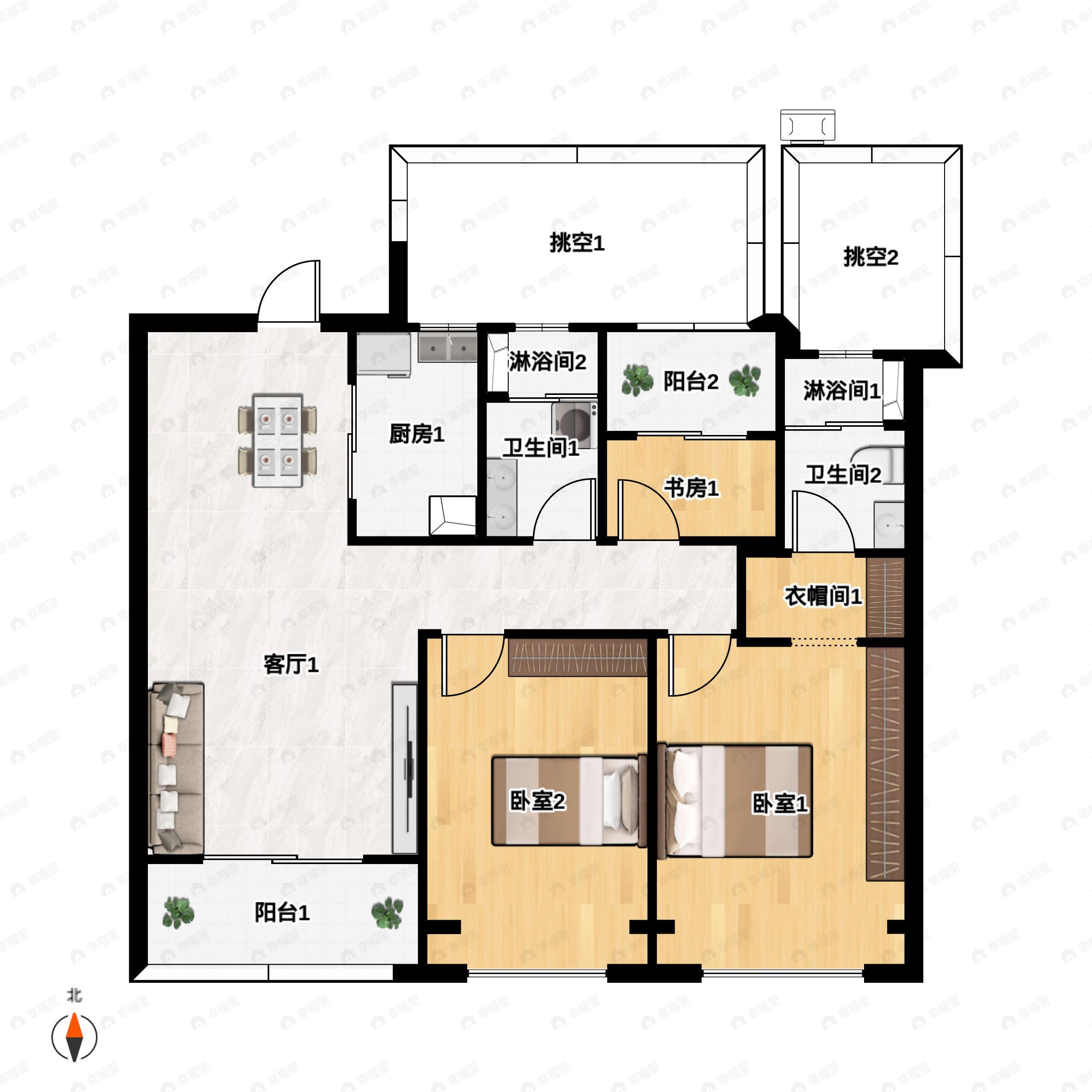 3室2厅2卫建面98m²南户型图