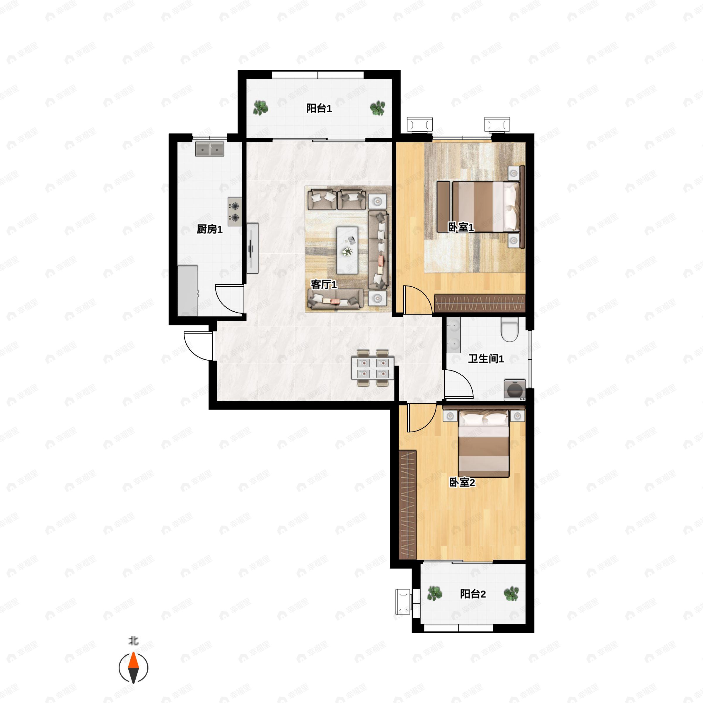 2室2厅1卫建面107平户型图