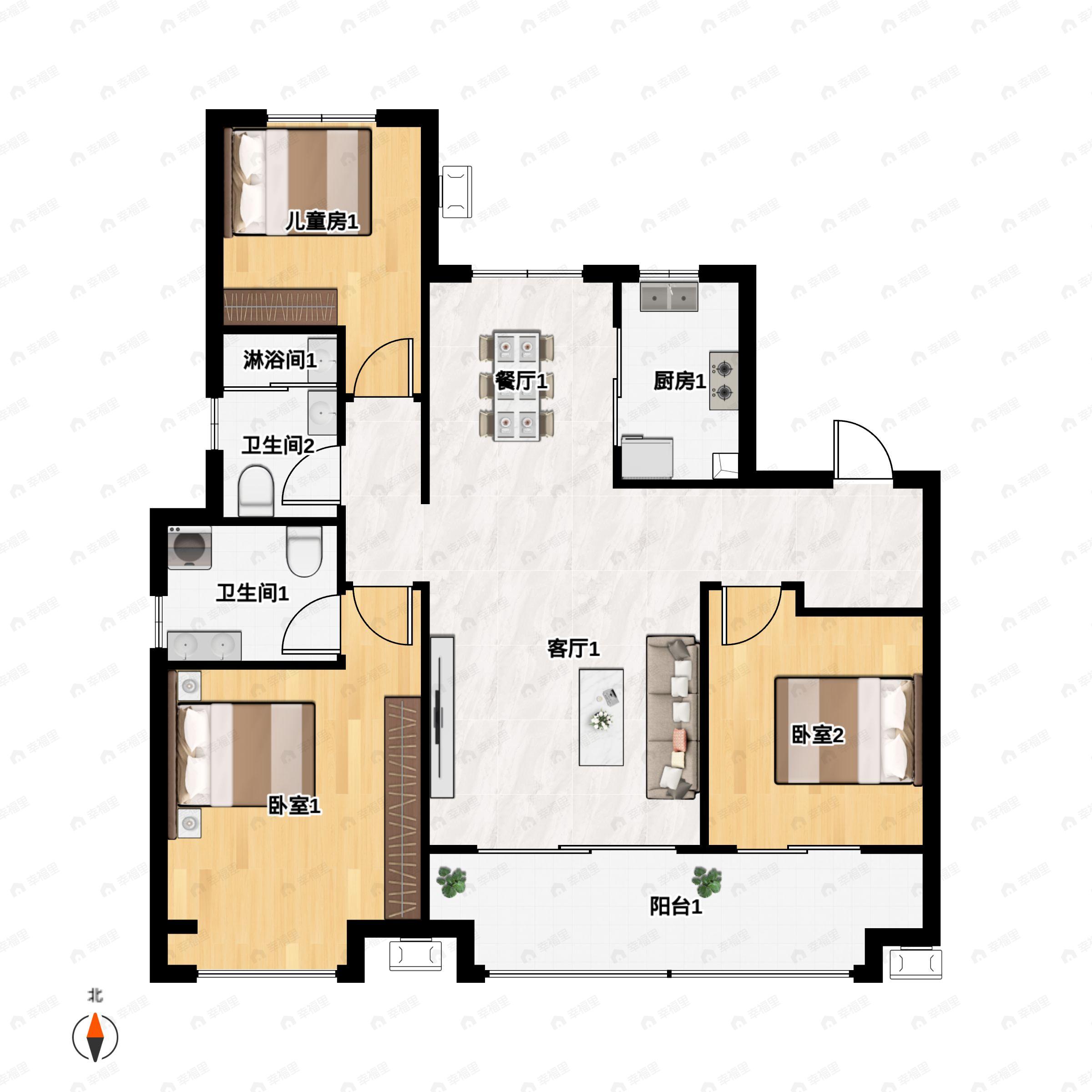 3室2厅2卫建面118m²南户型图