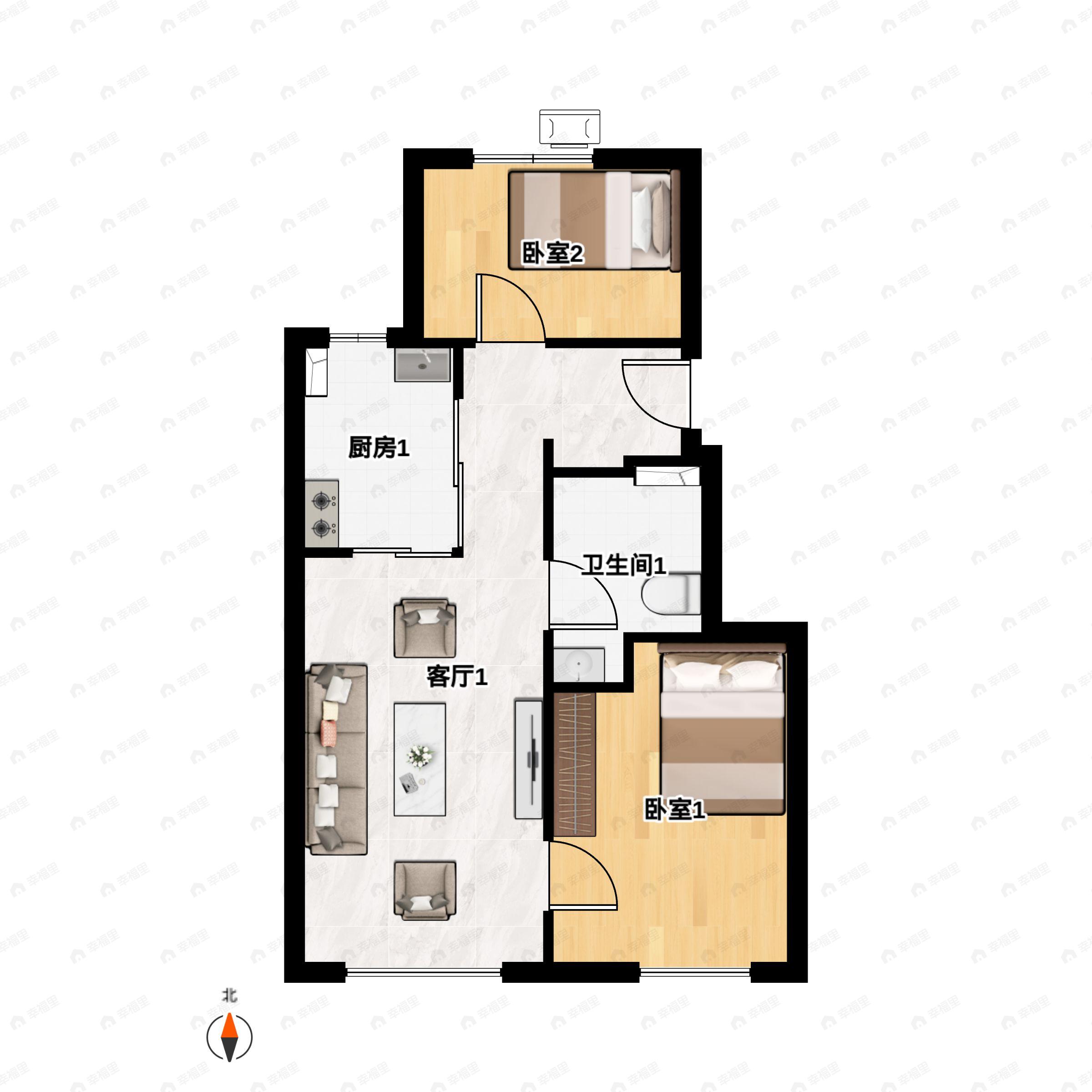 2室2厅1卫建面73m²南|北户型图