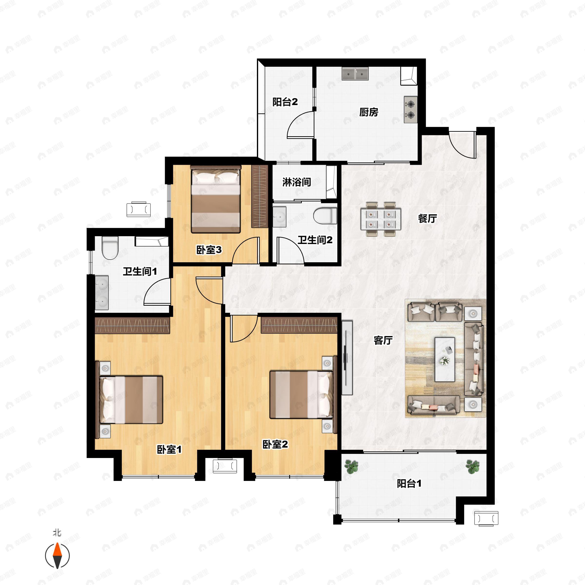 3室2厅2卫建面108m²南户型图