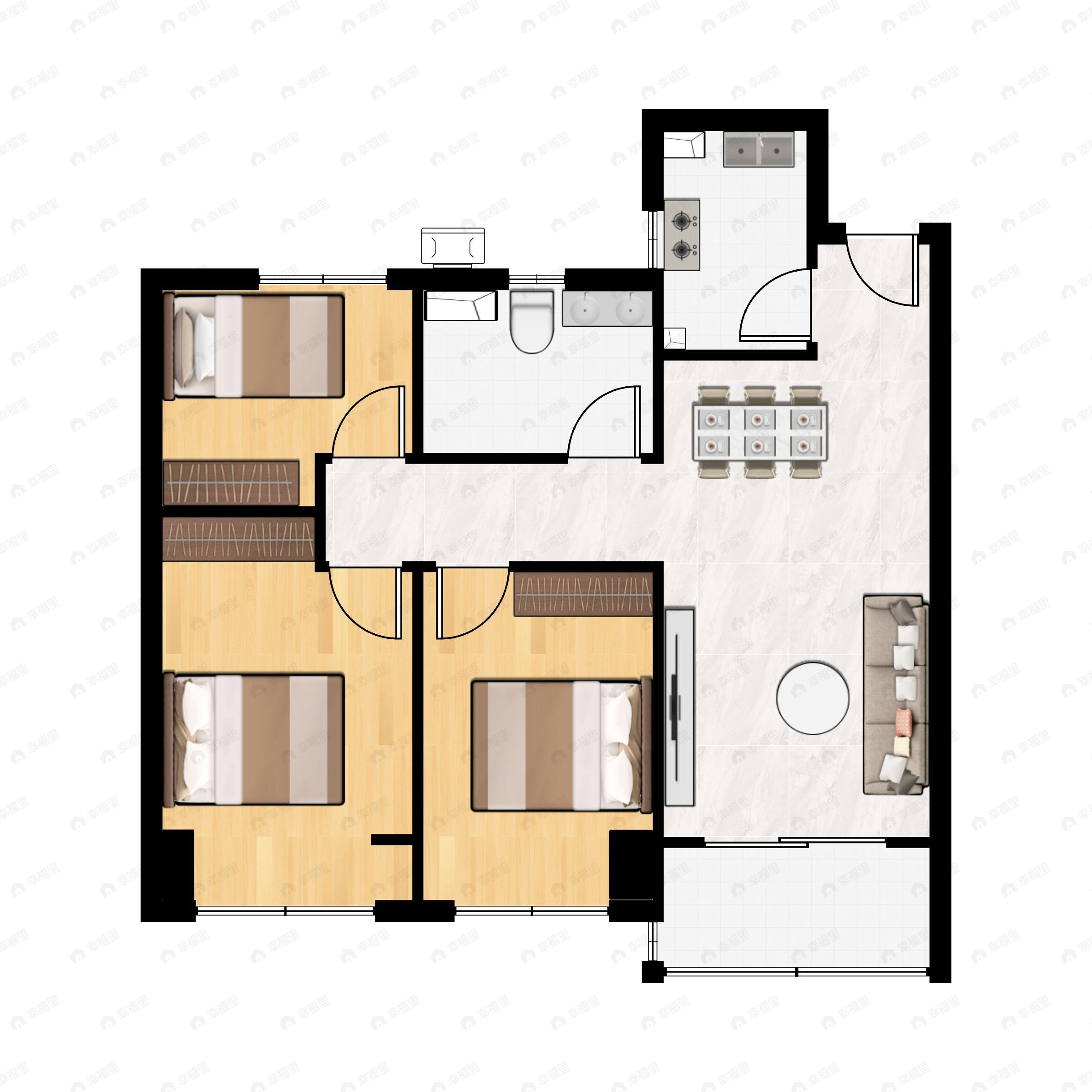 3室2厅1卫建面90平户型图
