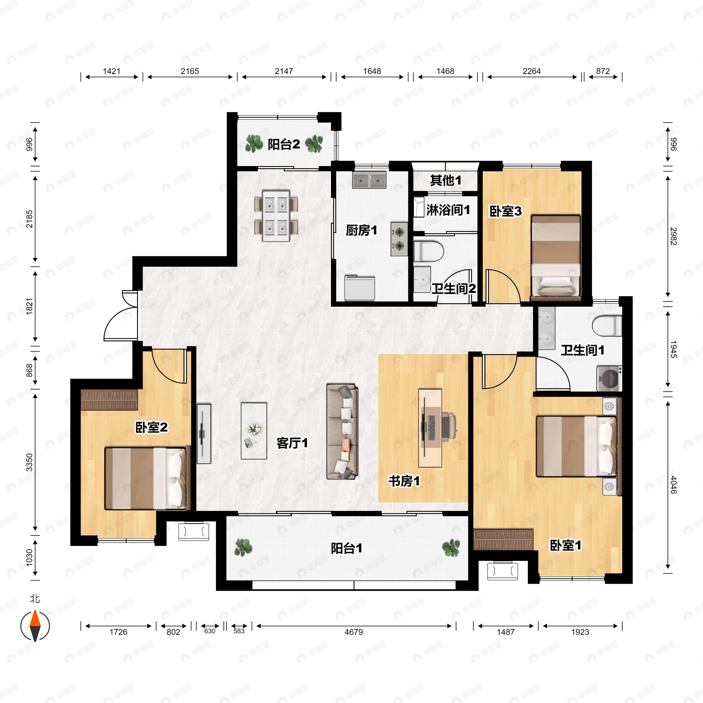 3室2厅2卫建面141m²南户型图