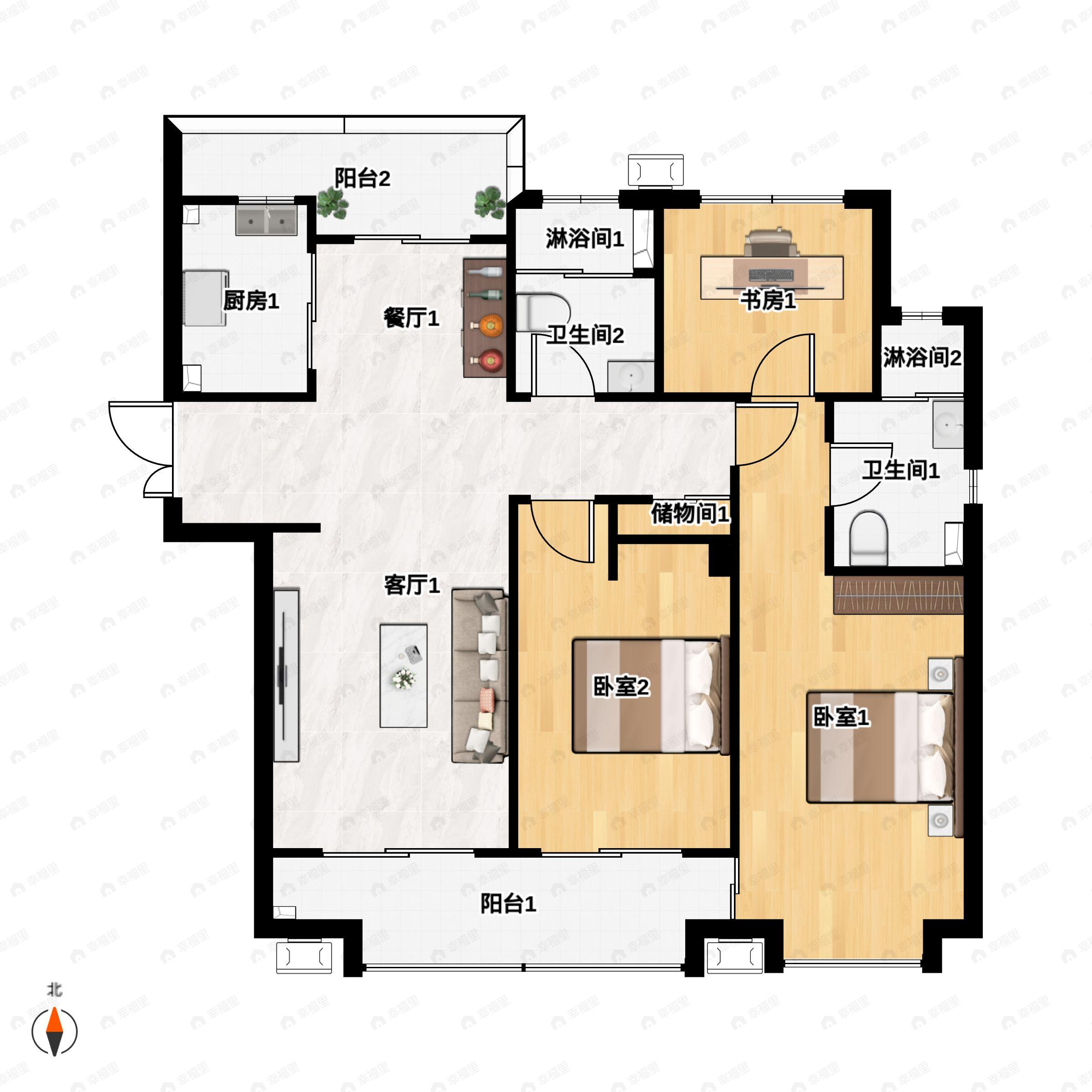 3室2厅2卫建面148m²南户型图